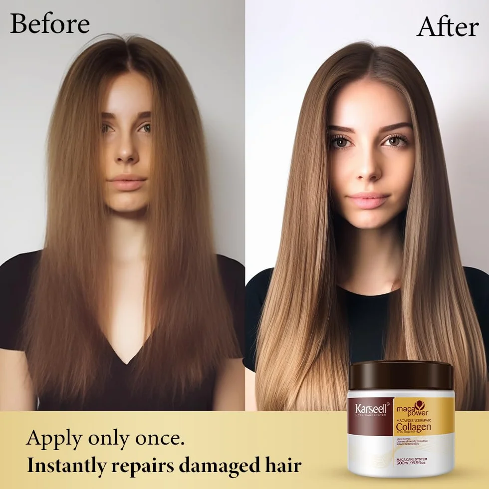 Karseell Collagen Masque Cheveux 500ml Maca Essence Huile d'Argan Réparation Profondeur Cheveux Secs Abimés