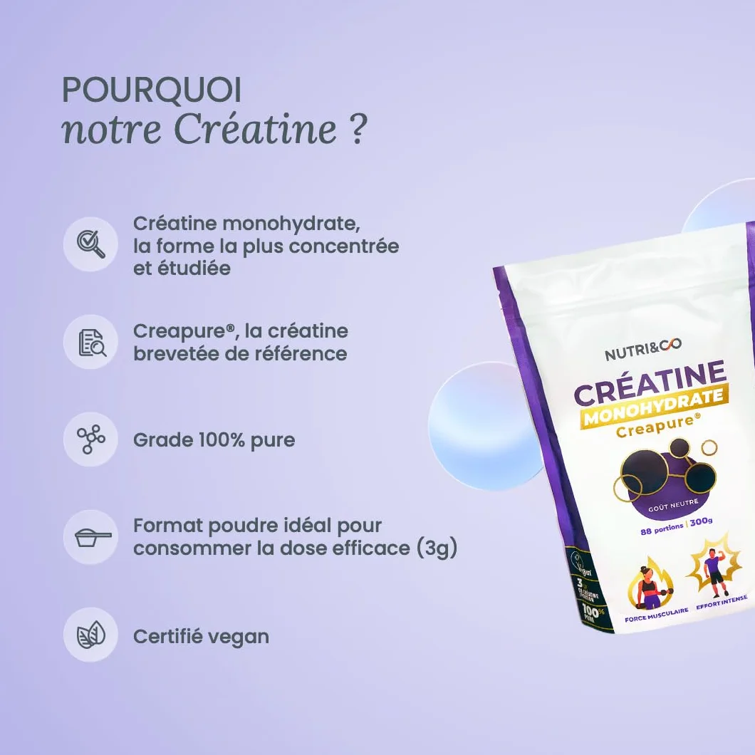 NUTRI & CO Créatine Monohydrate Creapure® Poudre 300g Goût Neutre 88 Portions Vegan 100% Pure
