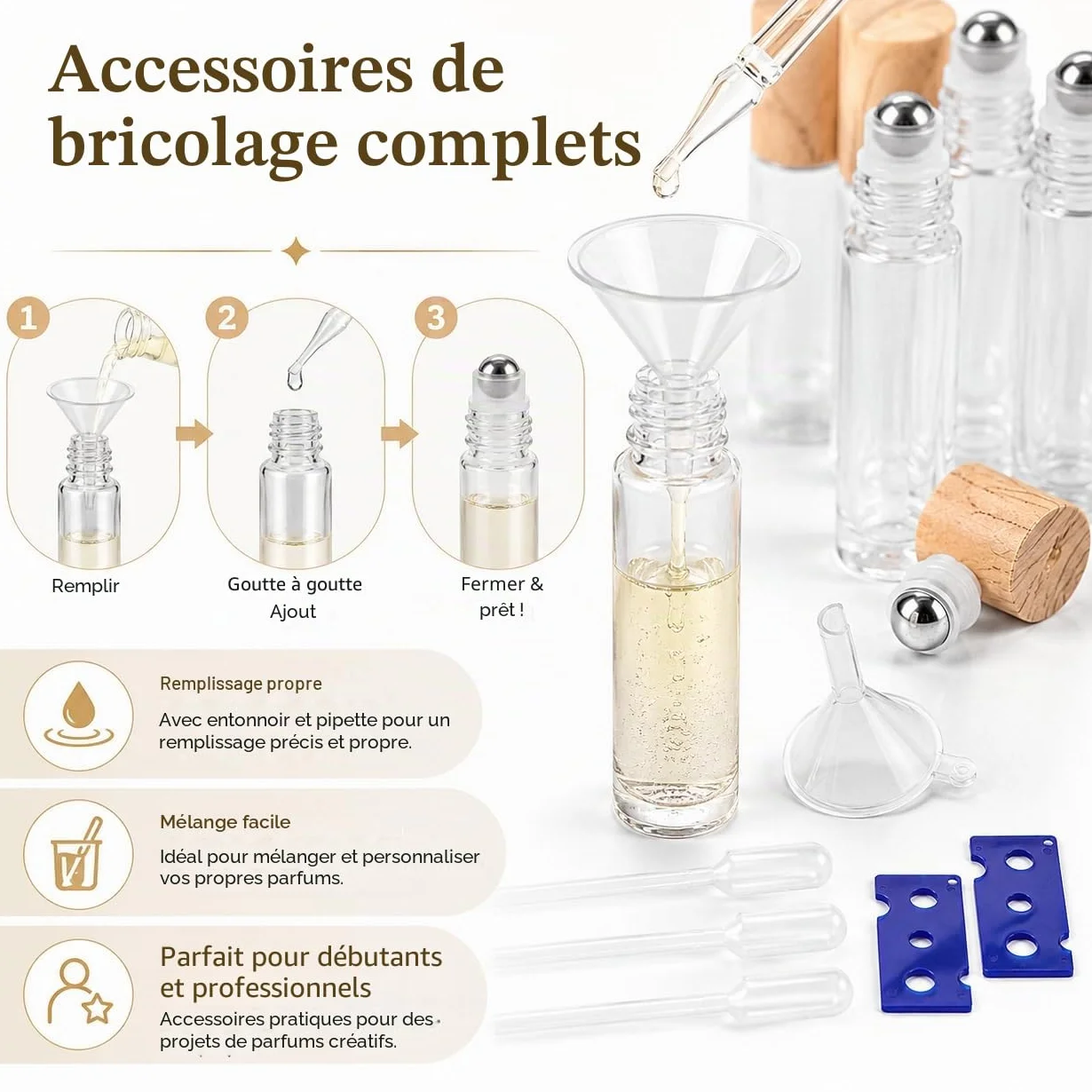 CYEER 24 Flacons Roll On Vide 10ml, Bouteilles en Verre Transparent avec Billes en Acier Inox et Bouchons Aspect Bois, Kit DIY pour Huiles Essentielles, Parfum, Aromathérapie et Voyage