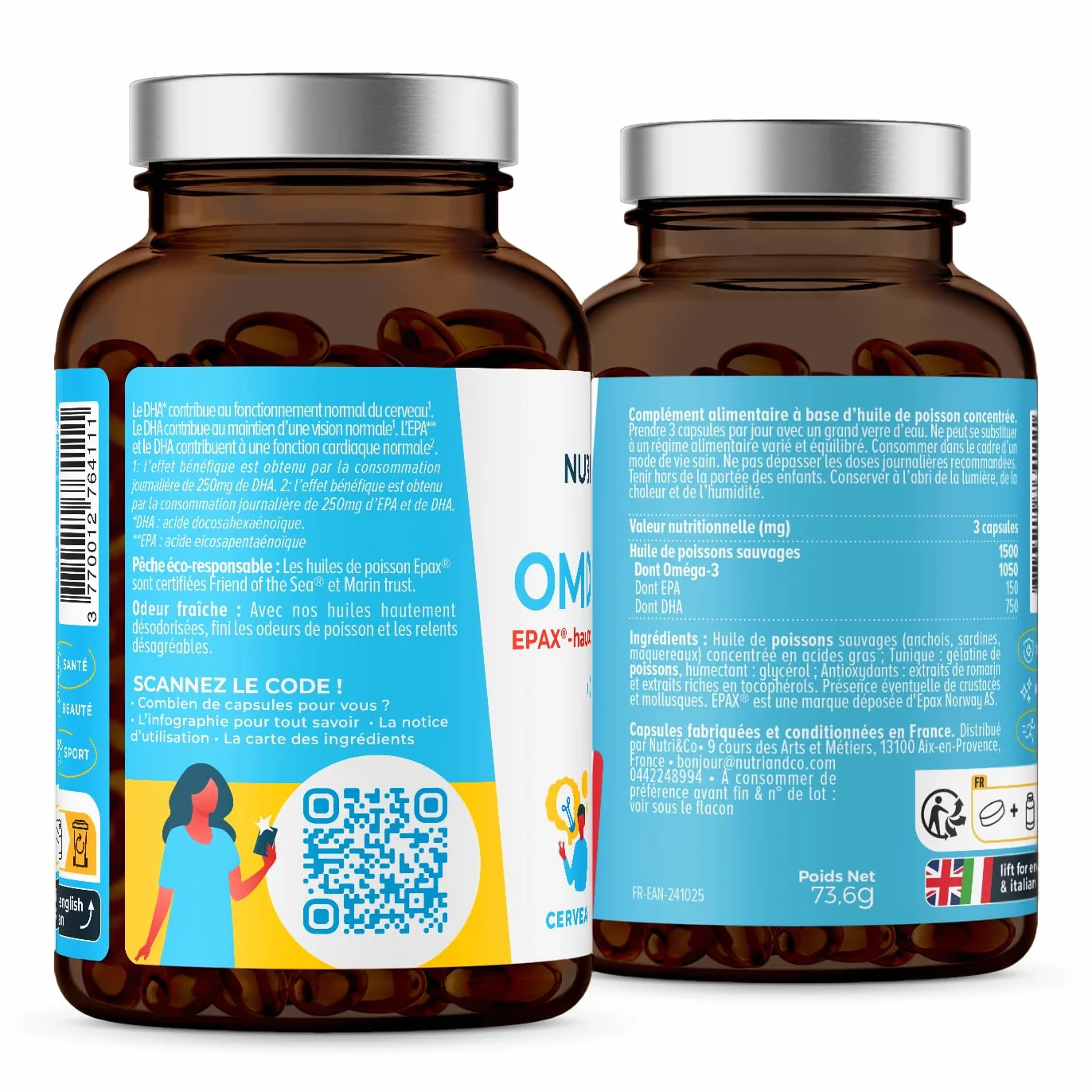 NUTRI & CO Omega 3 Huile de Poissons Sauvages EPAX® EPA DHA Vitamine E 120 capsules