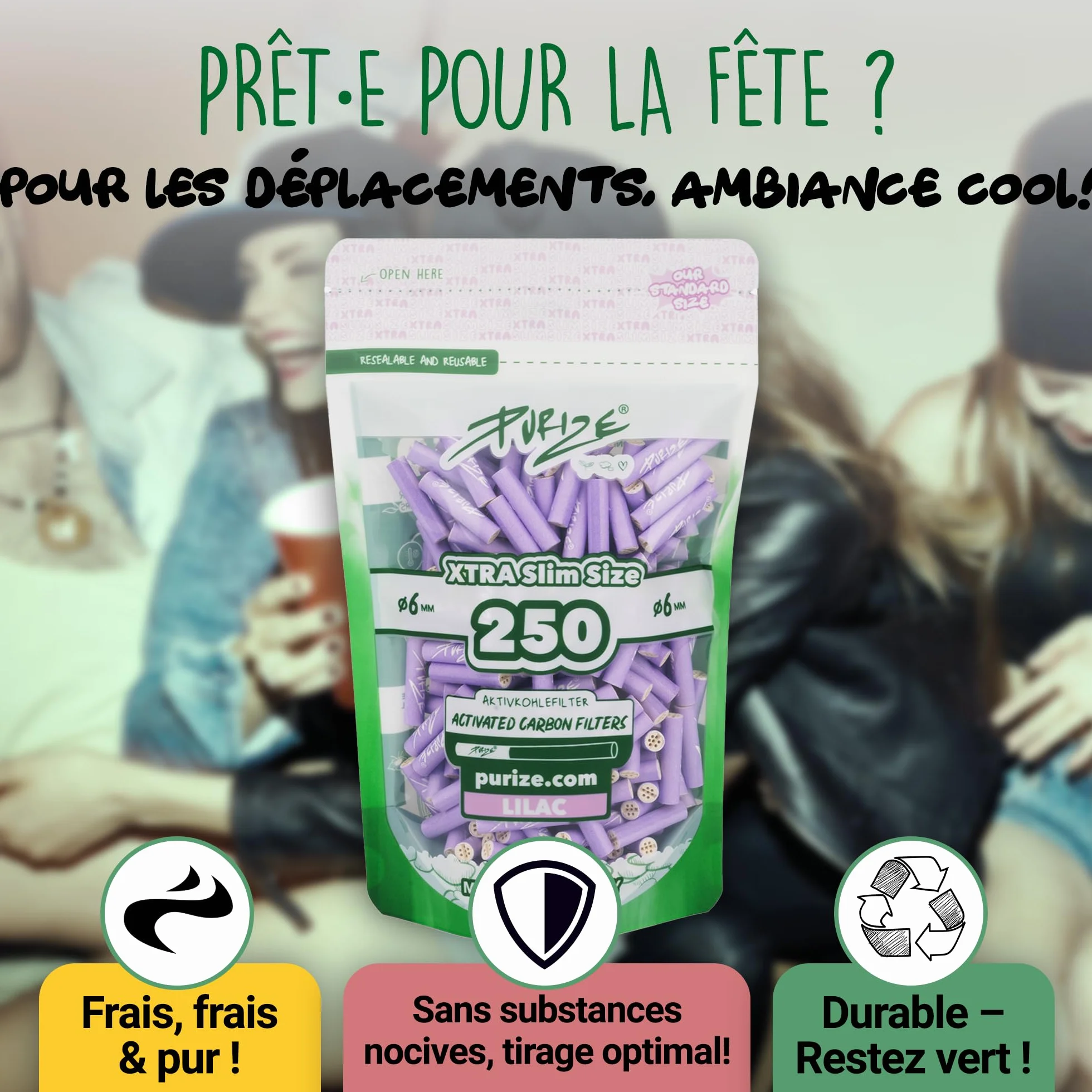 PURIZE Sachets 250 filtres à charbon actif XTRA Slim Lilas
