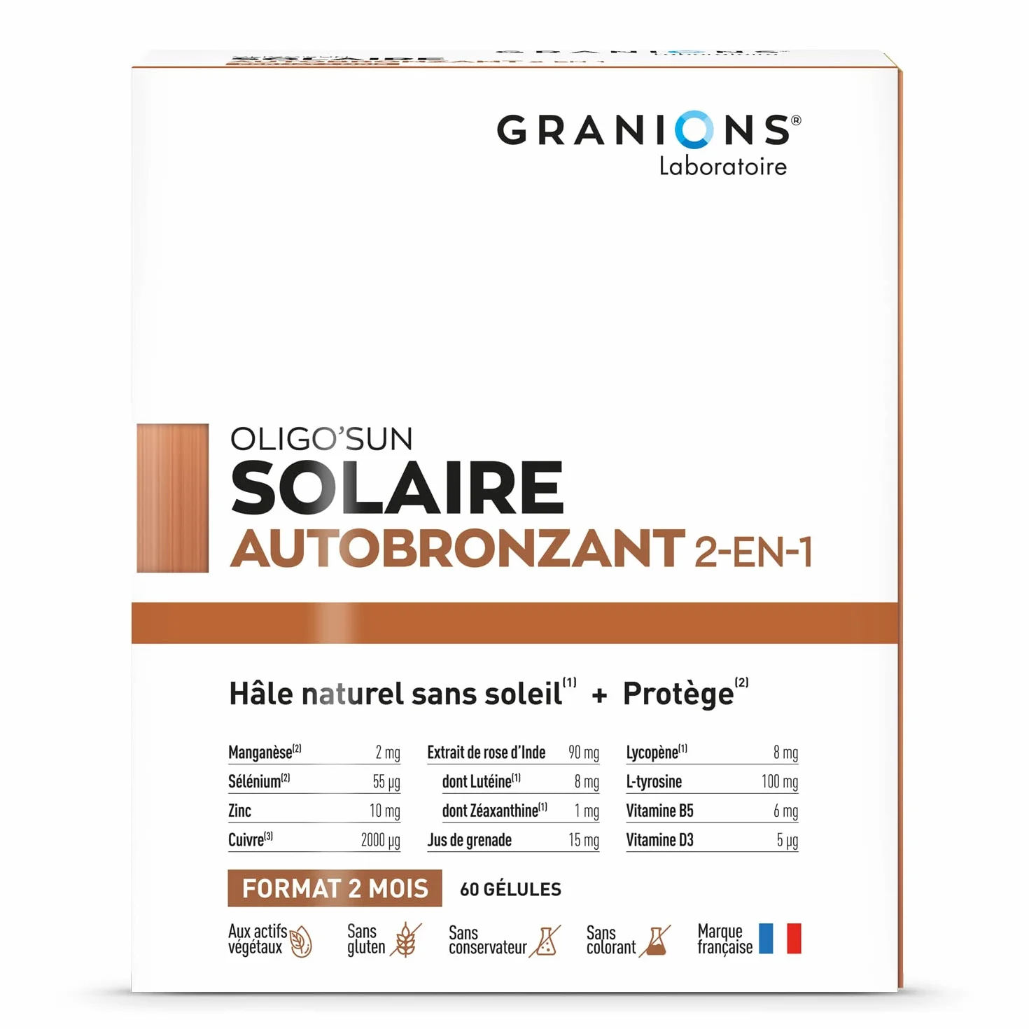 GRANIONS Bronzage Autobronzant Gélule 2-en-1 Complément Alimentaire Accélérateur Bronzage 60 Gélules Made in France