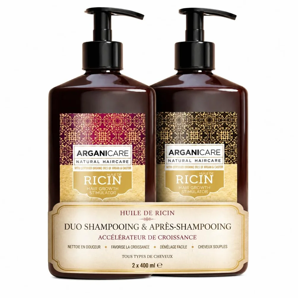 Duo Shampoing + Après-Shampoing à l’Huile de Ricin – Accélérateur de Croissance – Nettoyage en douceur – Tous types de cheveux – 2 x 400 ml
