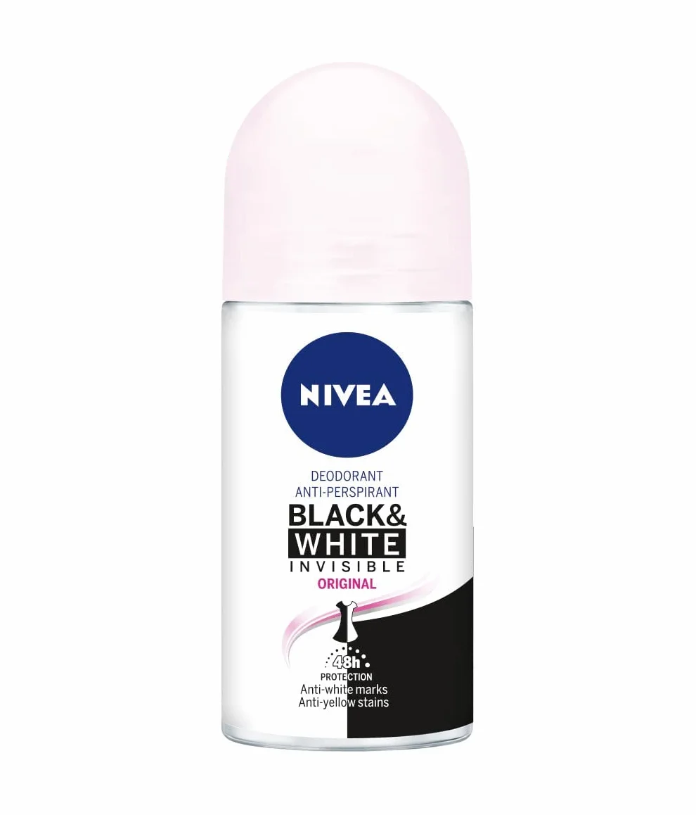 NIVEA Black & White Invisible Original Lot de 6 flacons de 6 flacons de 50 ml anti-transpirants pour peau douce avec parfum, déodorant roll-on pour protéger les vêtements