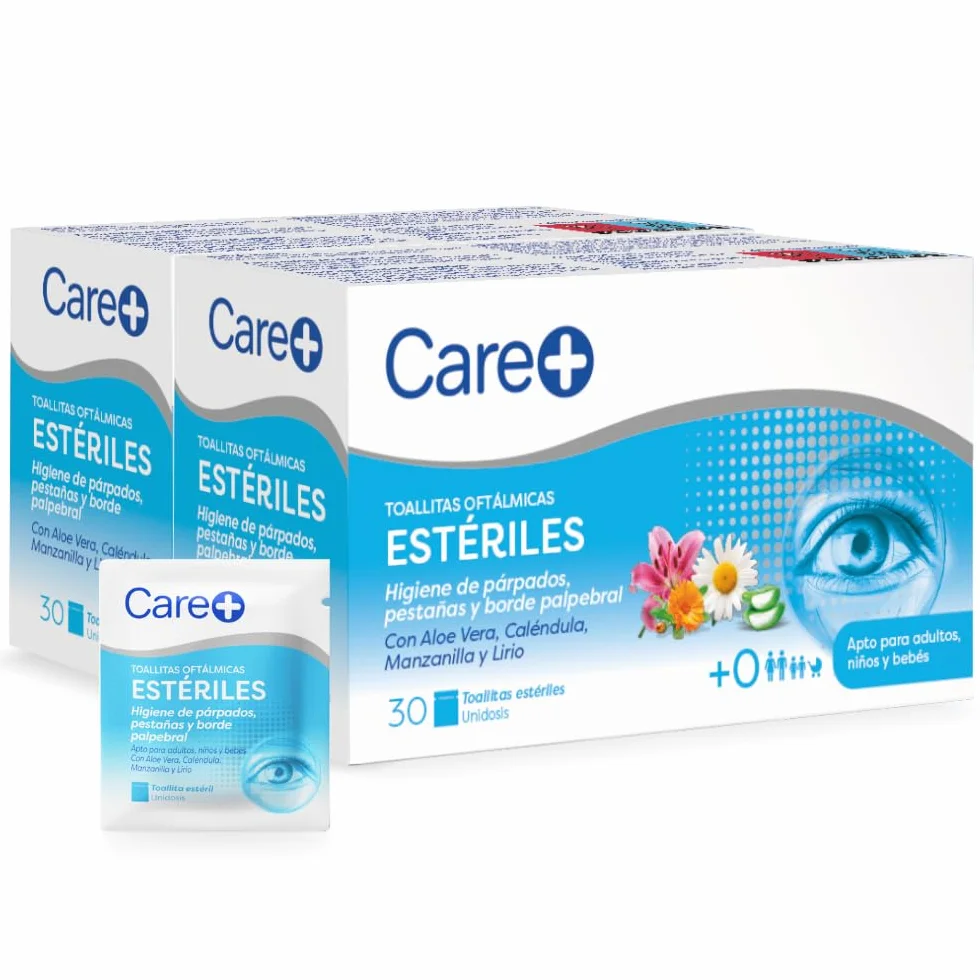 Lingettes ophtalmiques Care+ Aloe vera calendula camomille lys 60 lingettes Hygiène paupières cils bords