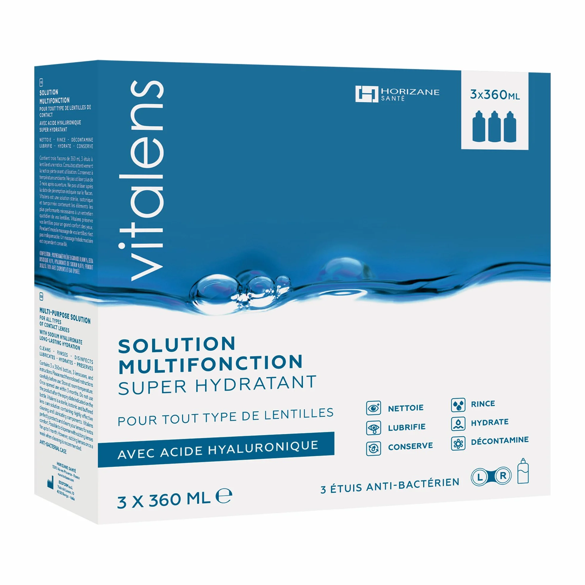 VITALENS Solution Multifonction Lentilles de Contact 6 en 1 Acide Hyaluronique 3x360ml