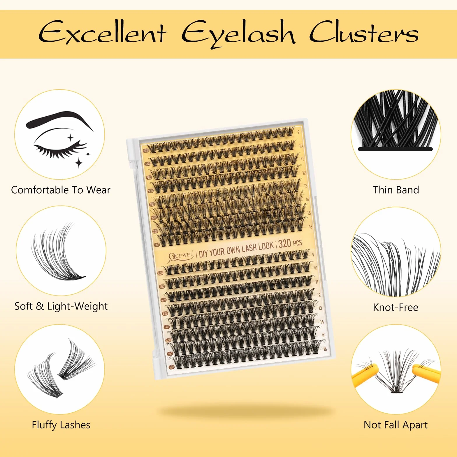 QUEWEL 320PCS 30D+40D Kit-Extension-Cils, 9-16mm Faux Cils Individuel avec pince à cils et colle