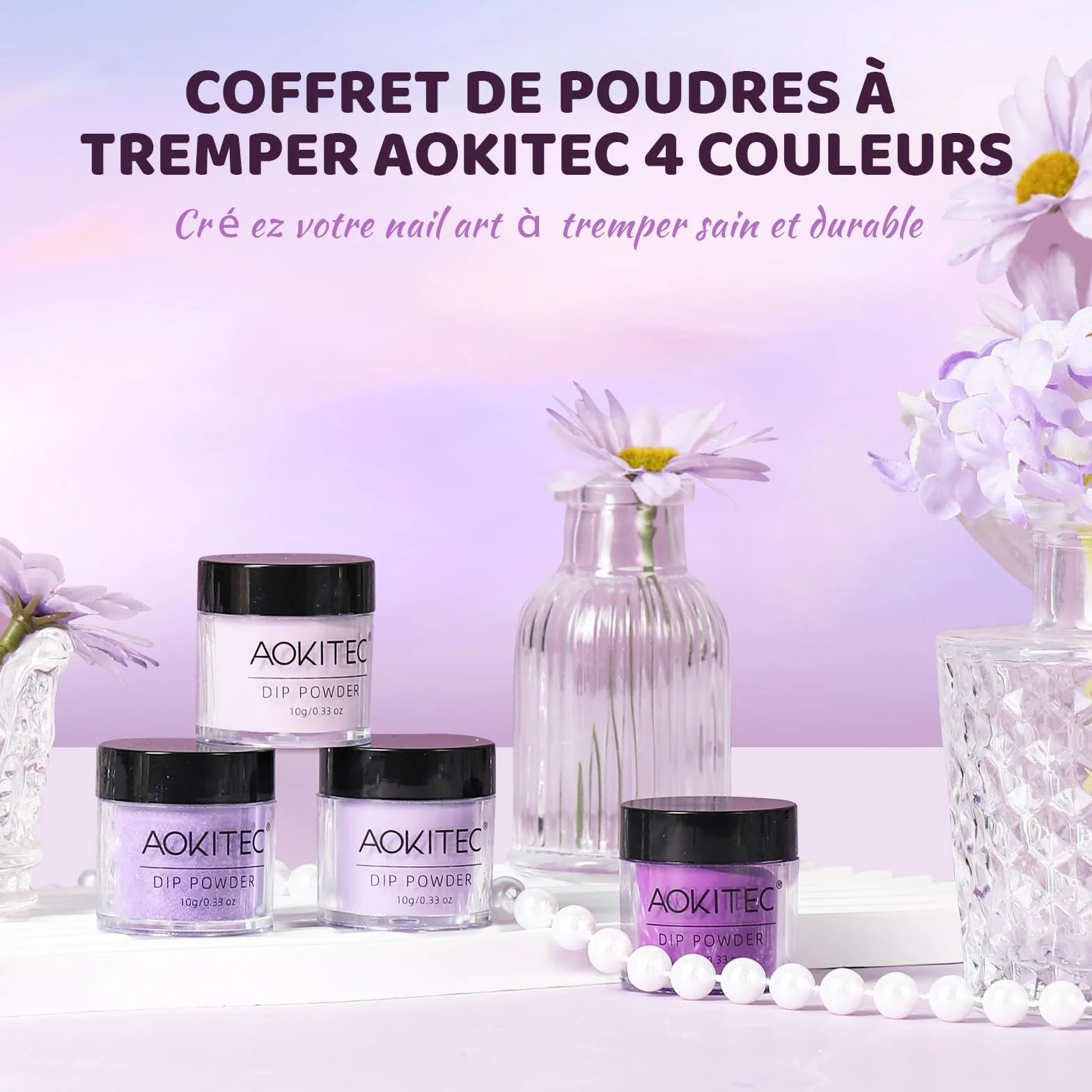 Aokitec Poudre à Tremper, 4 Couleurs Nail Art Français, Kit de Manucure DIY, Longue Durée
