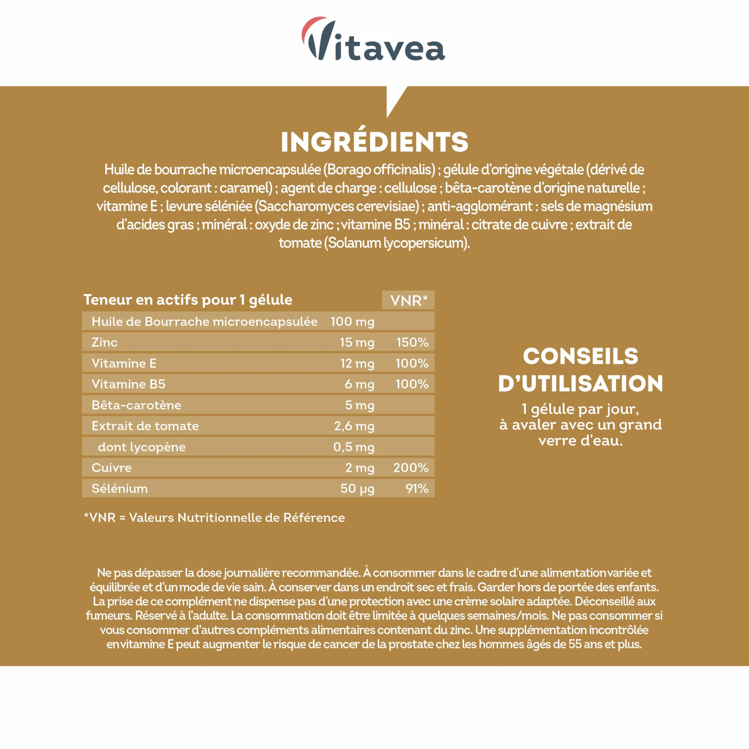 Vitavea Préparateur Solaire Accélérateur Bronzage 60 gélules Bêta-Carotène Lycopène Cuivre Huile Bourrache