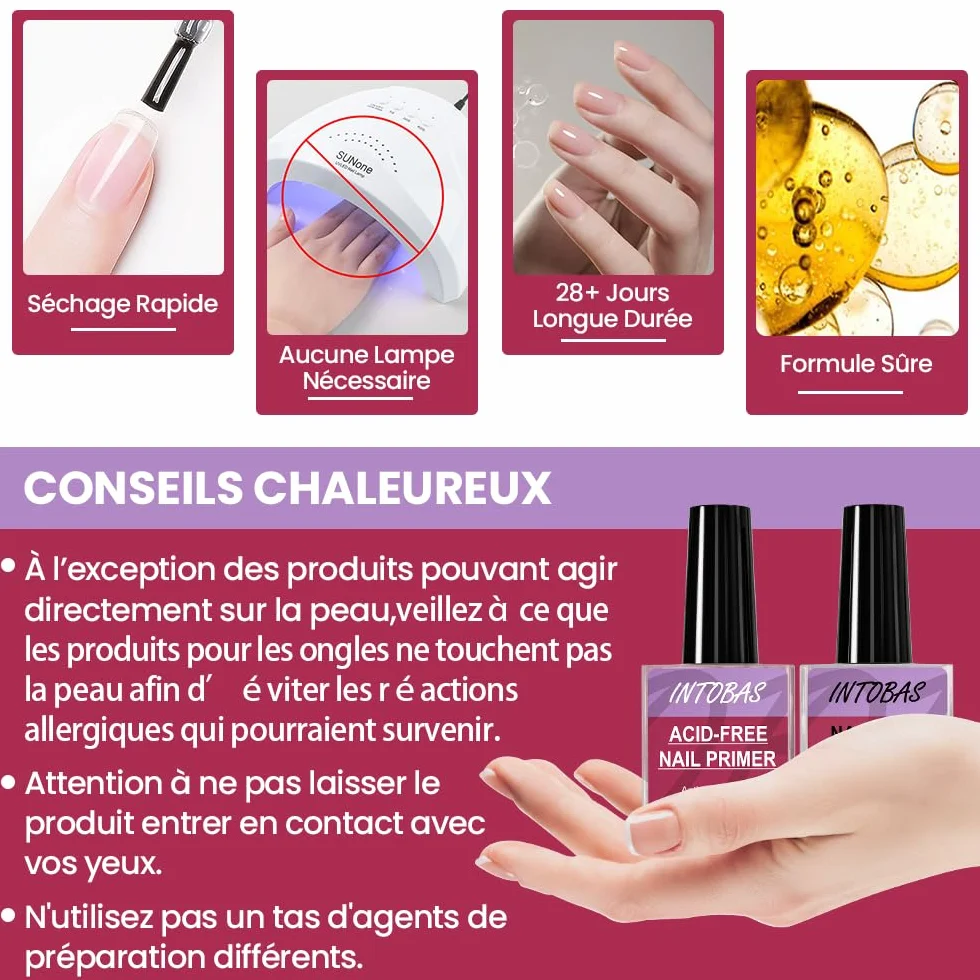 INTOBAS Primer Ongle Gel UV et Déshydrateur Ongle 15ml*2pcs - Nail Prep Primer Vernis Semi Permanent Acrylique Gel Ongle Acid Free Kit Professionnel