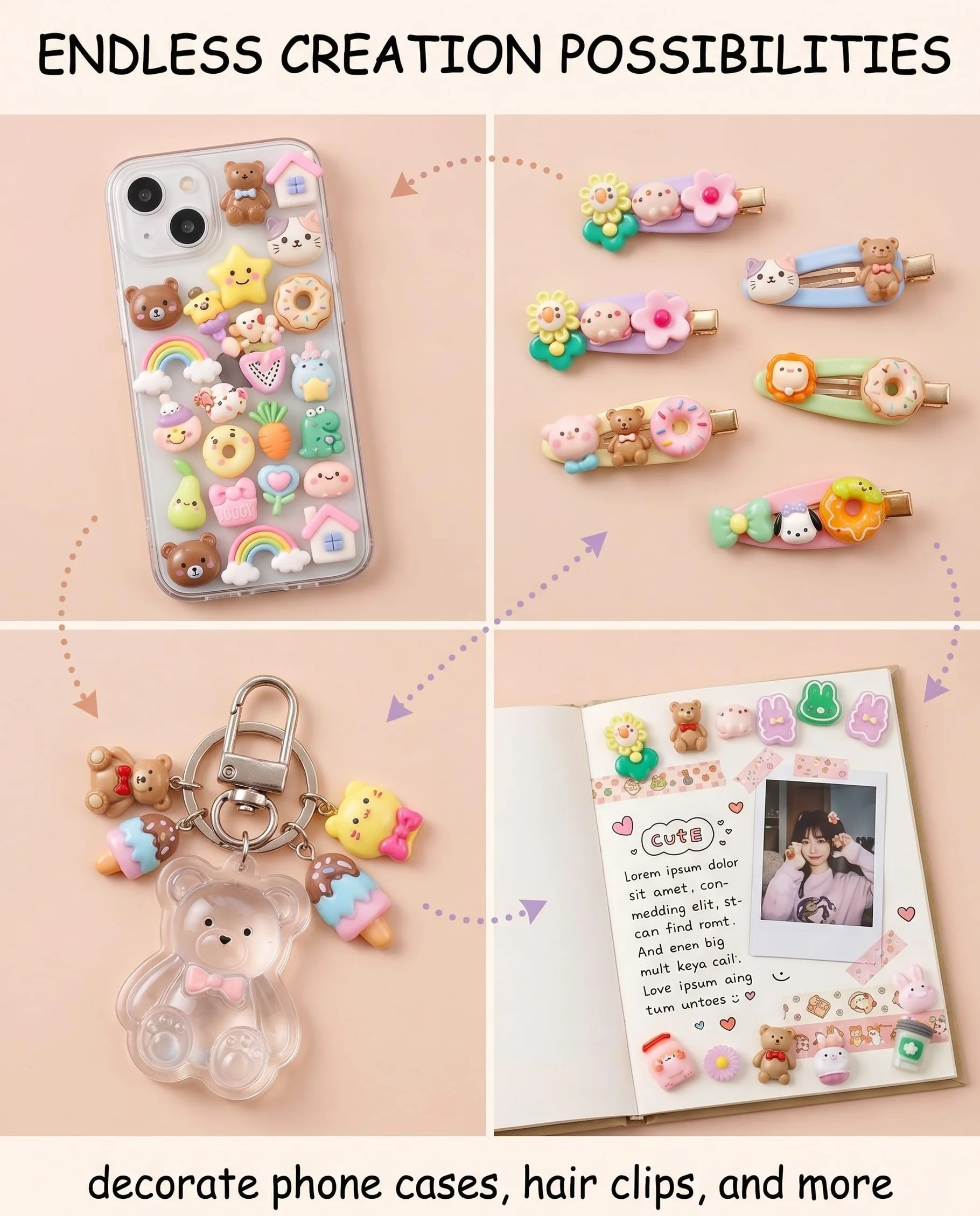 Kit 60 Pièces Mini Breloques en Résine Kawaii à Dos Plat, Objets Mignons pour DIY Créatif, Nail Art & Slime