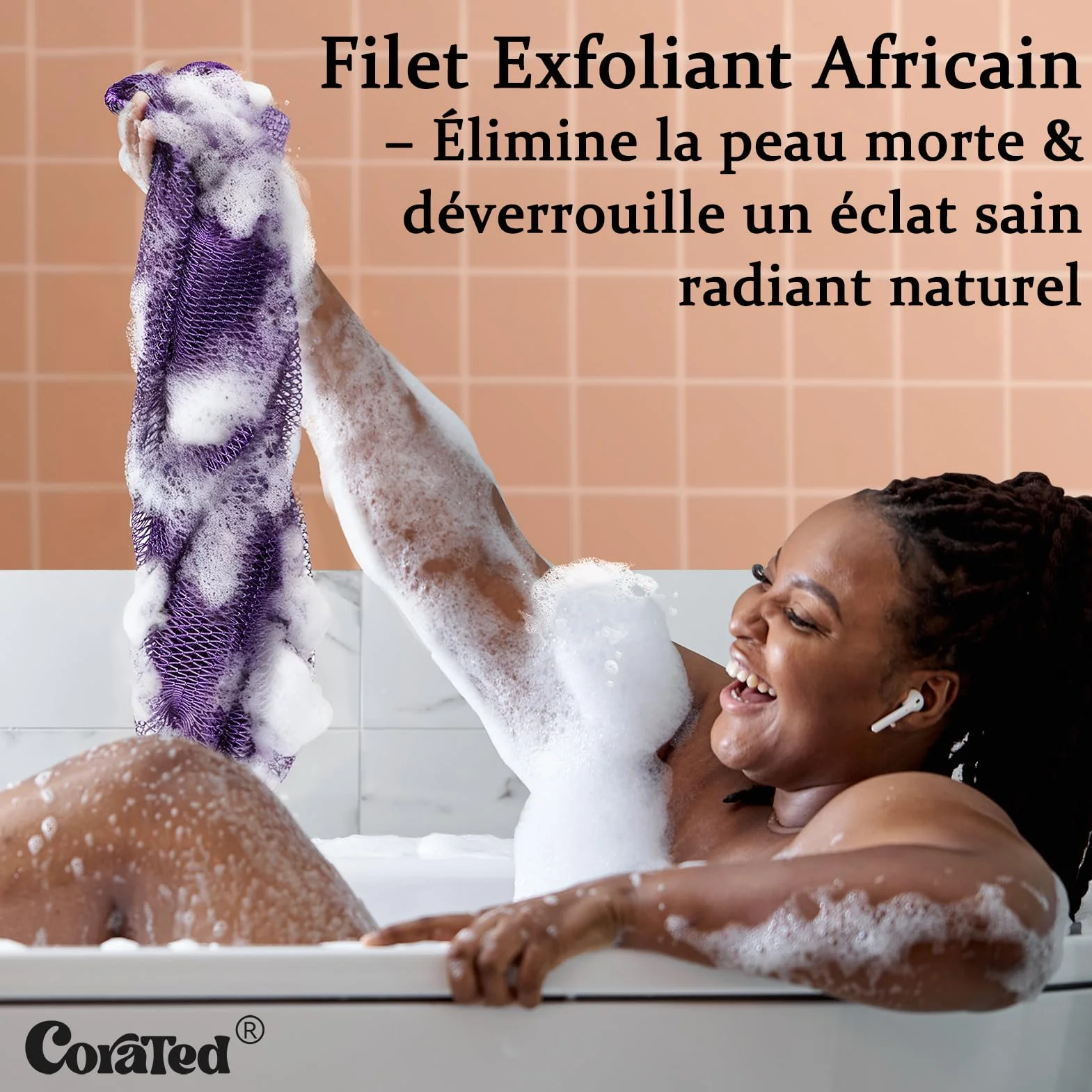 CORATED Filet à Bain Africain 2 Pièces, Eponge Exfoliante Corps, Gant Exfoliant Dos – Nettoyage Douche SPA (Lin et Marron)
