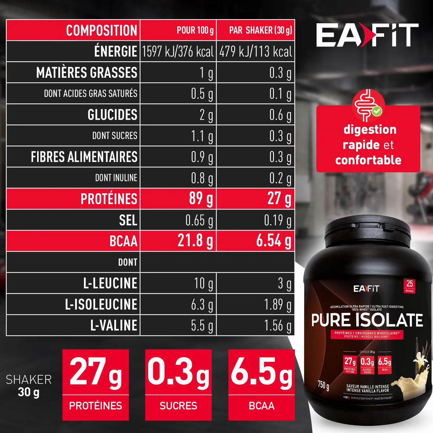 EAFIT Pure Isolate Whey Protein Isolate 27g Proteine 6.5g BCAA 750g Vanille