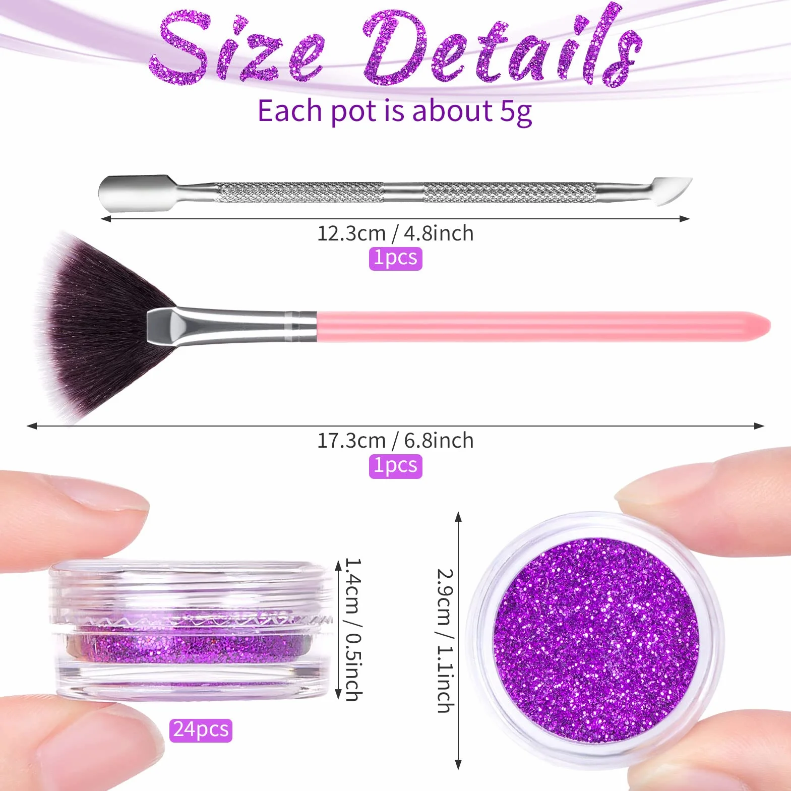 Poudre Ongles Nail Art Paillettes 24 Pièces avec Pinceaux et Pousse Cuticule