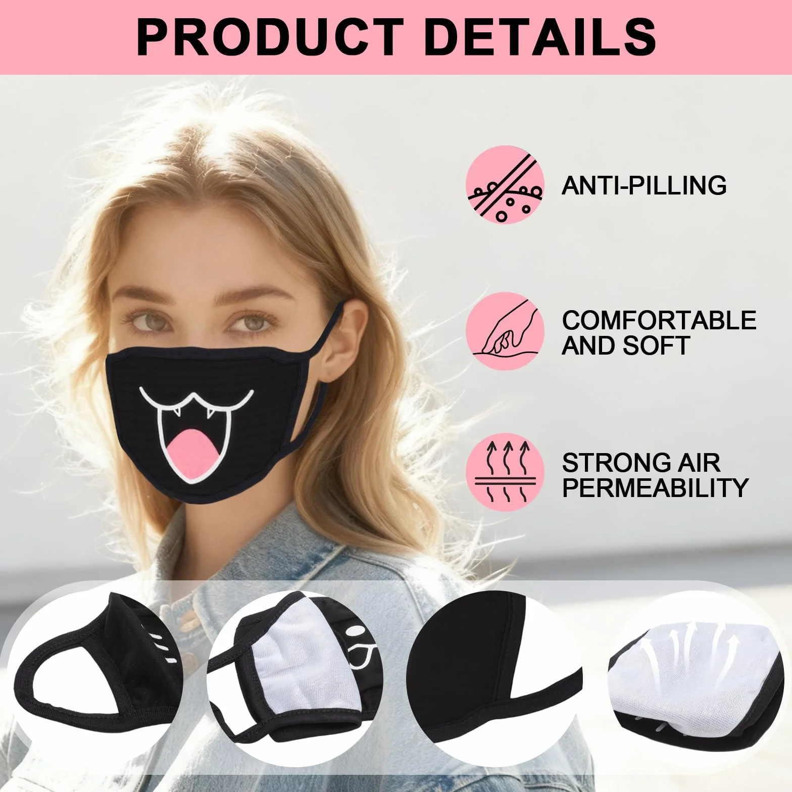 Masque Anime 4 Pièces Femboy Anti-Poussière Coton Réutilisable Cosplay Manga Cartoon Lavable