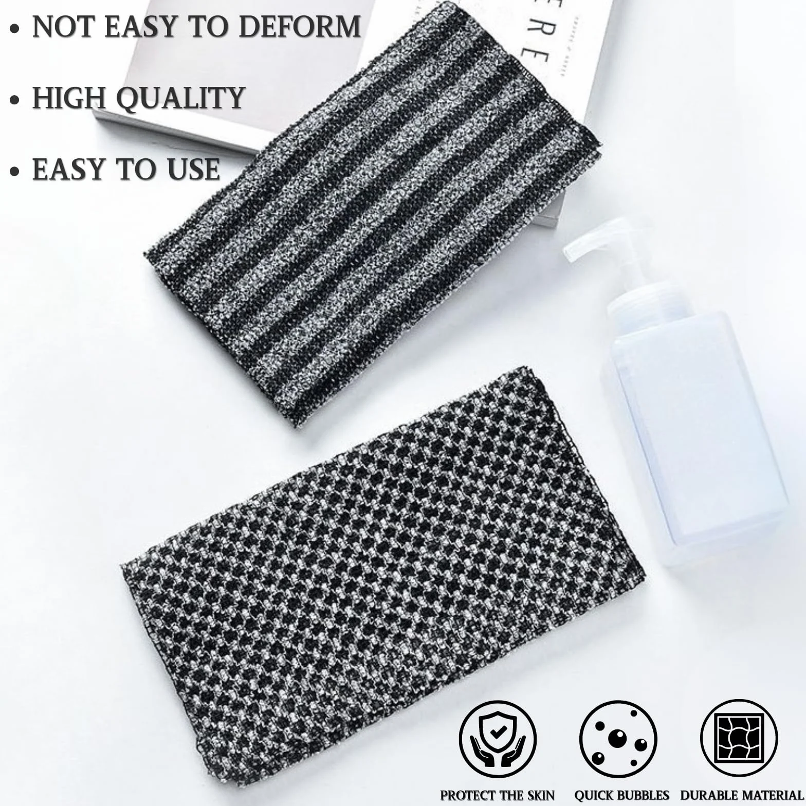 KEYRI Lot de 2 Serviettes de Douche Exfoliantes pour Nettoyage en Profondeur - Serviettes de Bain Durables pour Bain, Sauna, Spa, Noir