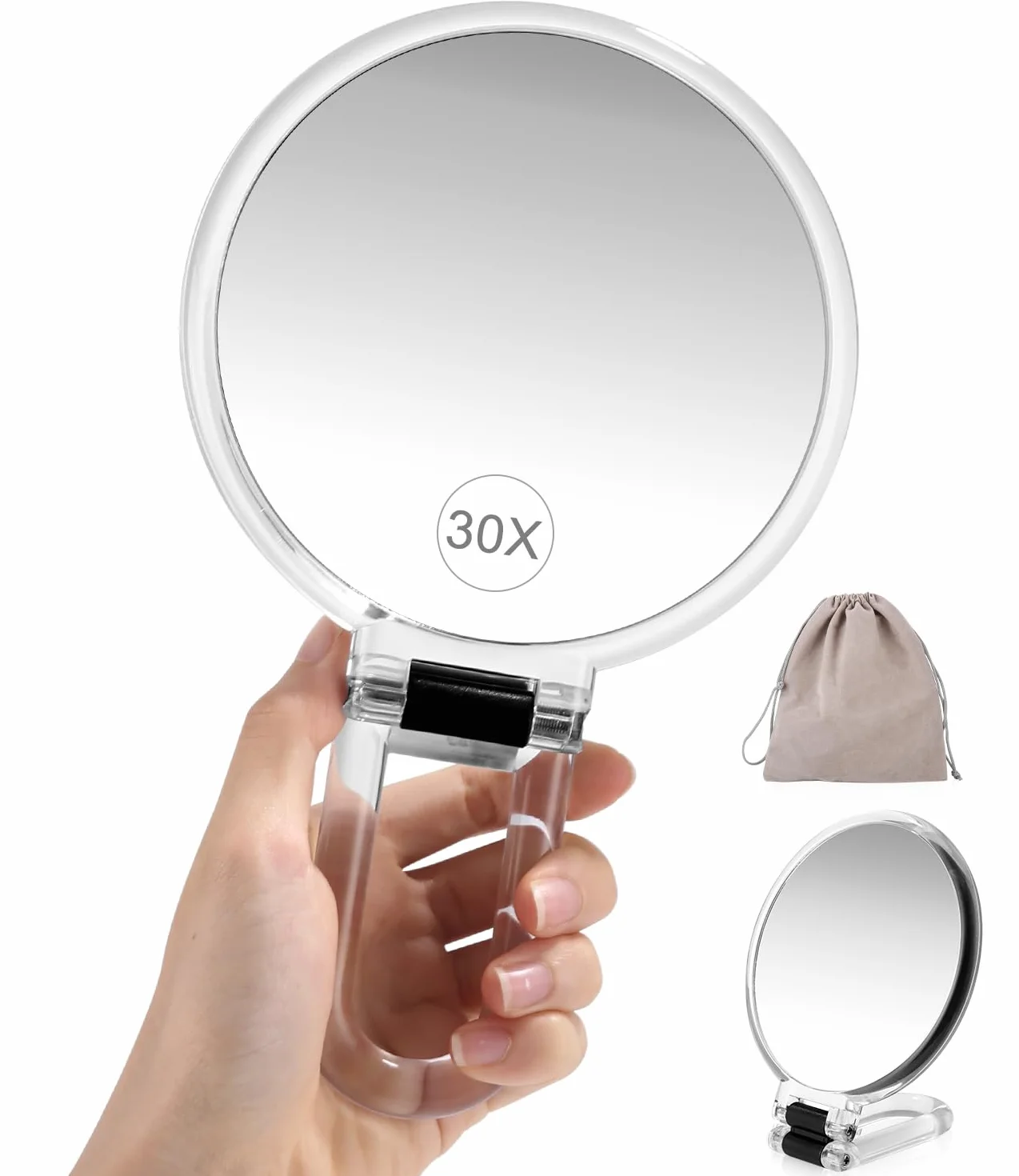 Miroir Grossissant 30X Double Face 1X/30X avec Poignée Pliable 360° Miroir de Maquillage Portable