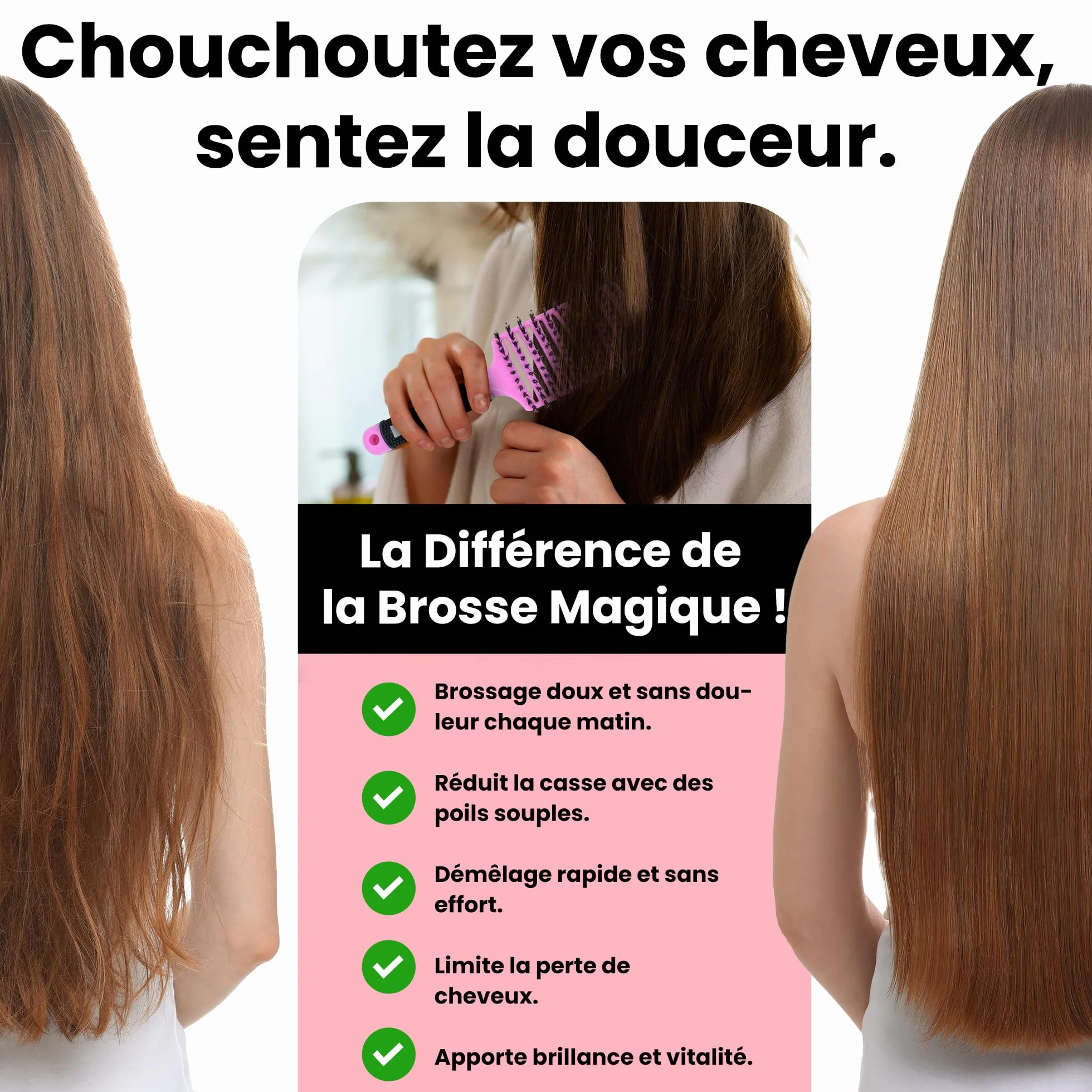 Brosse à Cheveux Magique Démêlante Instantanée Poils de Sanglier & Nylon Anti-Casse Anti-Statique Cheveux Bouclés Lisses Épais Fins