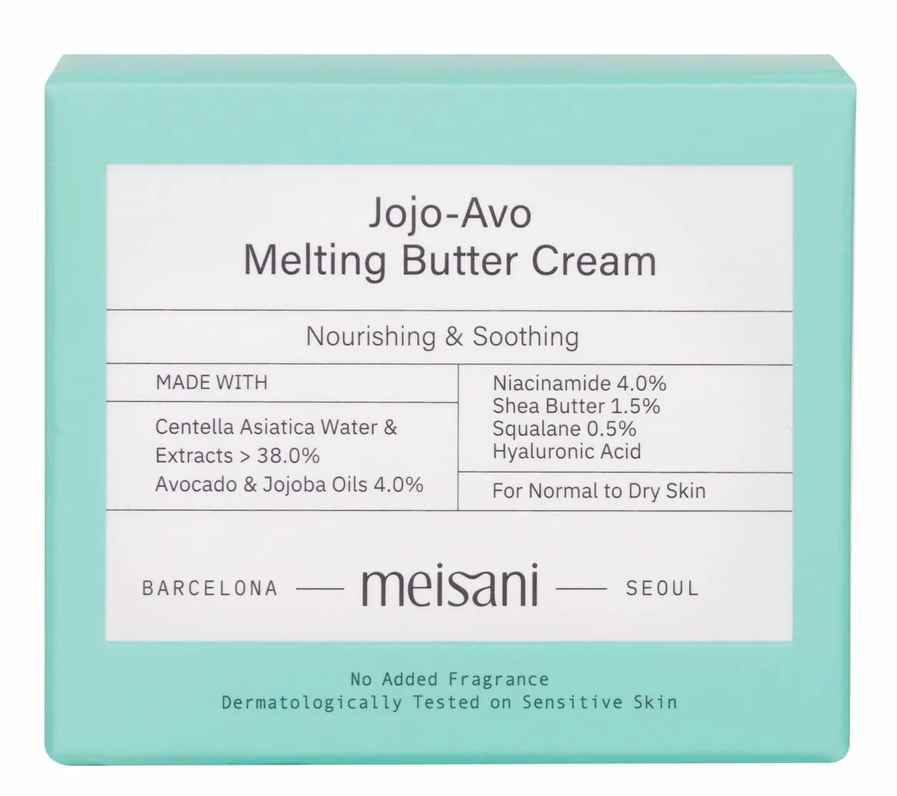 Meisani Jojo-Avo Melting Butter Cream, Crème hydratante et nourrissante à l'avocat et à la centella asiatica pour peaux sensibles et déshydratées, 50 ml