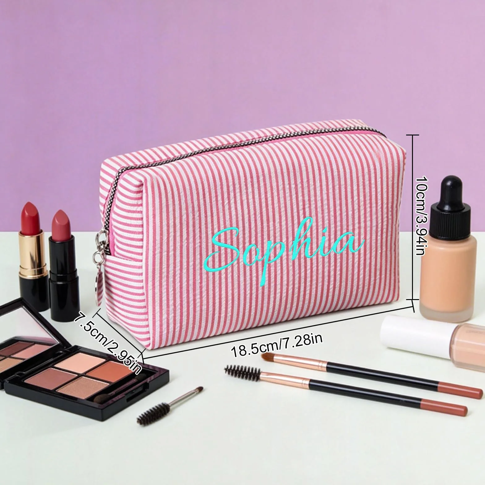 Trousse de Maquillage Personnalisée avec Nom, Sac Cosmétique en Tissu à Rayures, Grande Capacité, Multicolore, Cadeau pour Femme (Rouge)