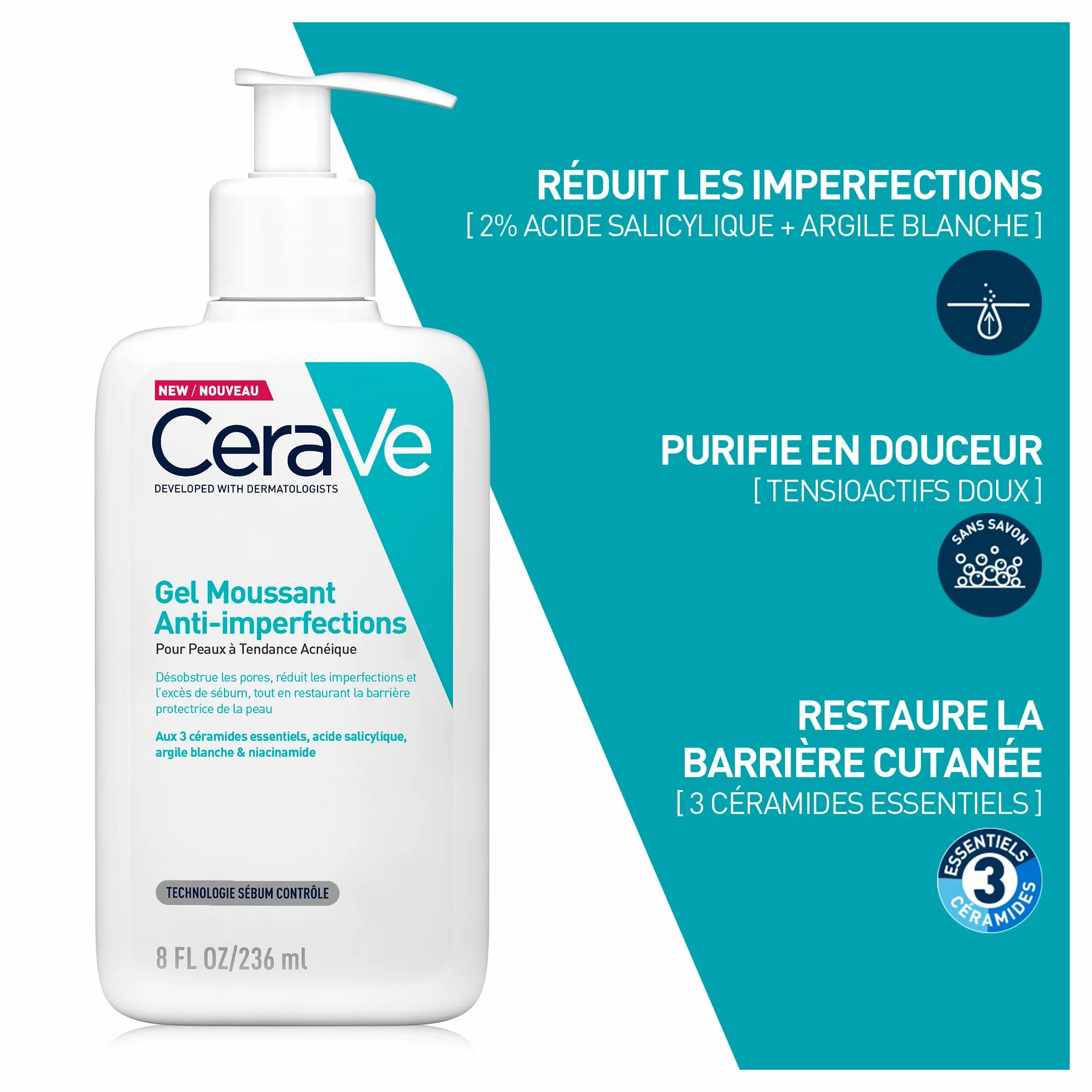 CeraVe Gel Moussant Anti-Imperfections Acide Salicylique Argile Blanche Céramides Niacinamide Peau Acnéique