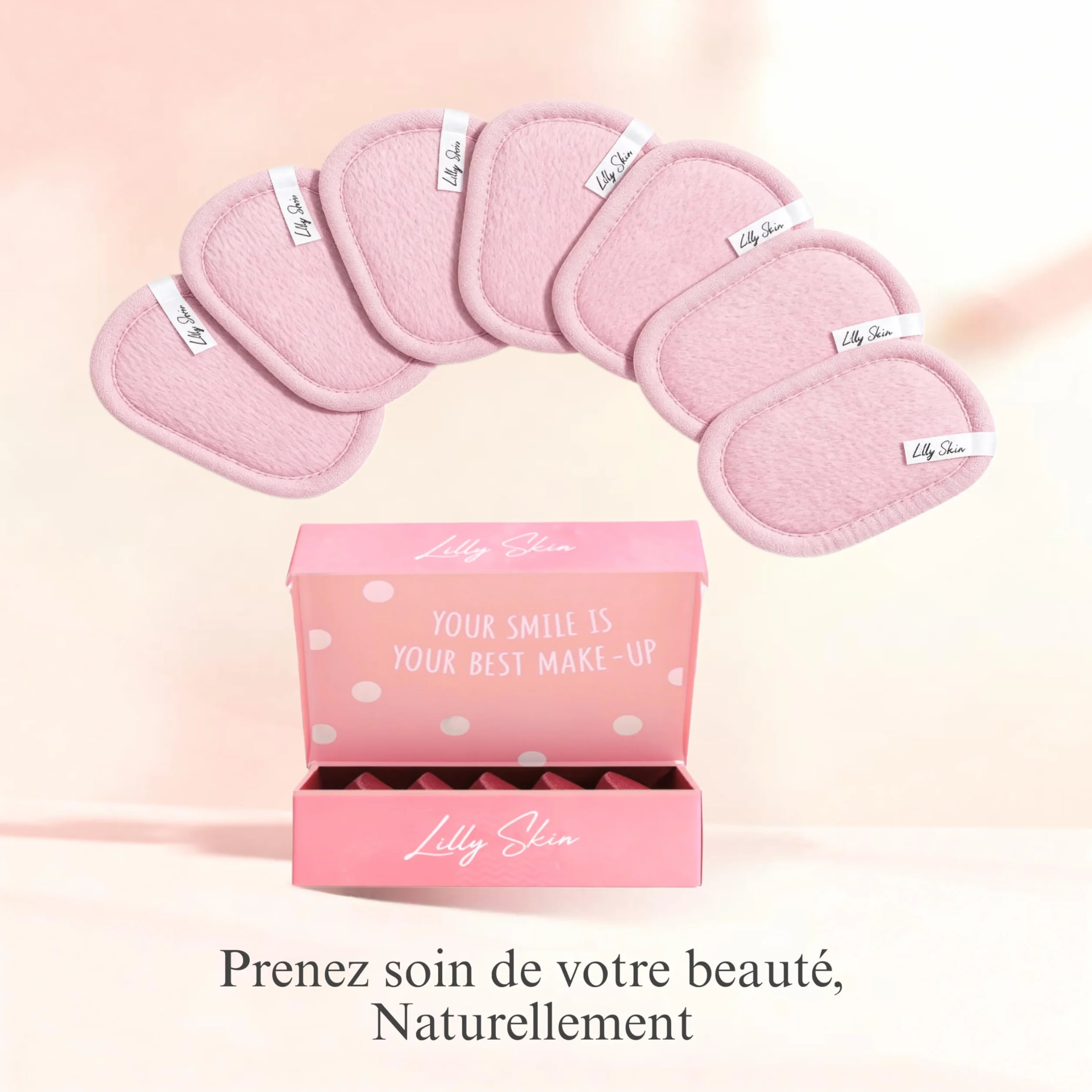 Pads Démaquillants Lavables Réutilisables Lilly Skin - Lingettes Carrées Microfibres Nettoyantes Exfoliantes Visage - Boîte 7 Pads Tissu Simili Coton Rose Poudré