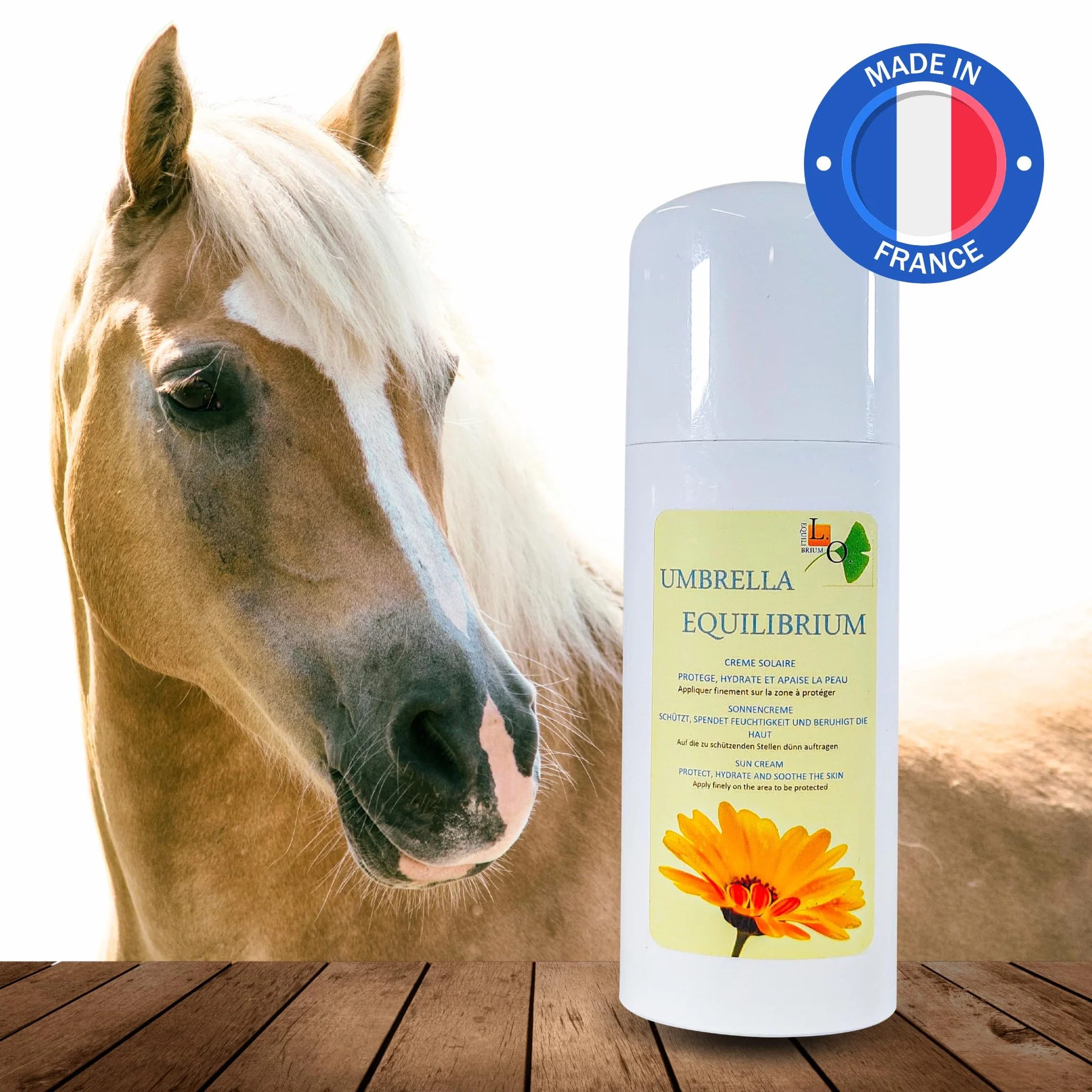 Umbrella Equilibrium -2en1 - Crème Protection Solaire UV et après Soleil Naturel pour Cheval - A Base de Calendula, Carotte, germes de blé, Lavande, et filtres UV minéraux