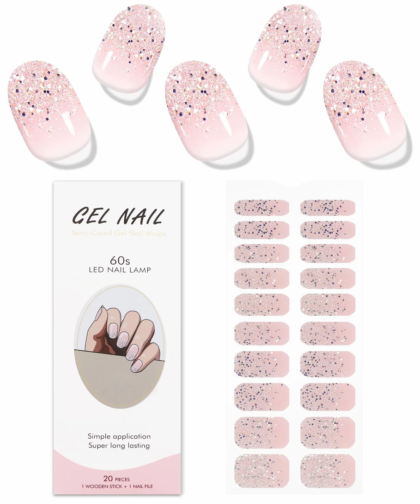Autocollant Ongles Gel UV Paillettes Rose Clair Nail Art Stickers Semi-durci Deco Ongle Design Manucure