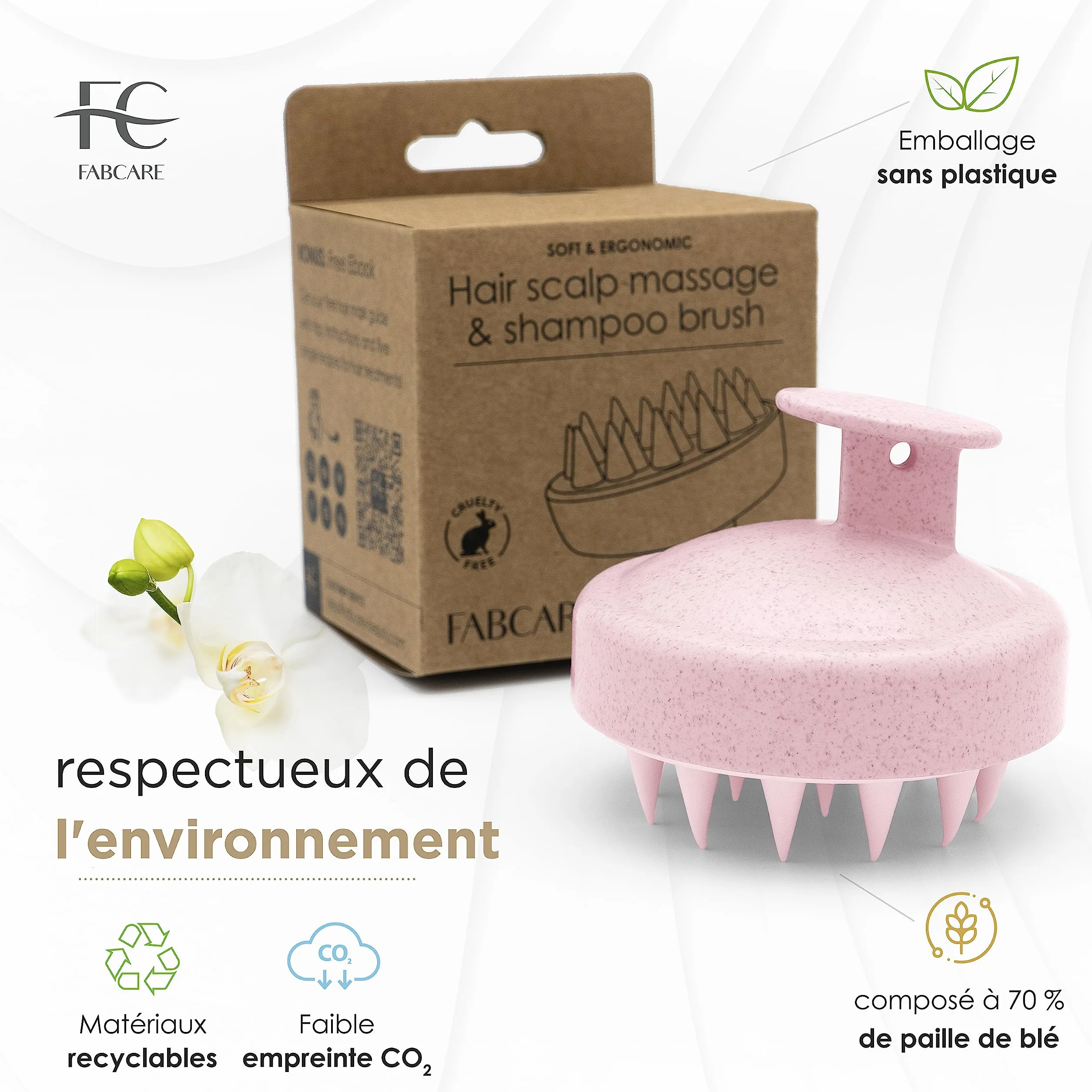 FABCARE Brosse Cuir Chevelu Masseur Pousse Cheveux Paille de Blé Silicone Gommage Humides Secs Circulation Sanguine Stimulation Massage (Rose)
