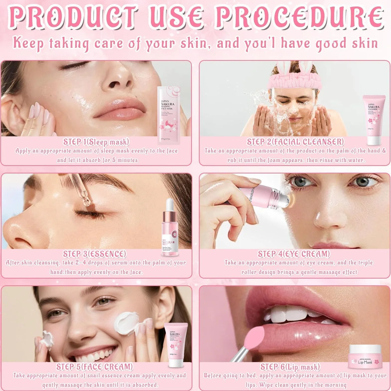 Sakura Ensemble de Soins de la Peau 18 Pièces, Kit Hydratant avec Nettoyant, Crème, Sérum