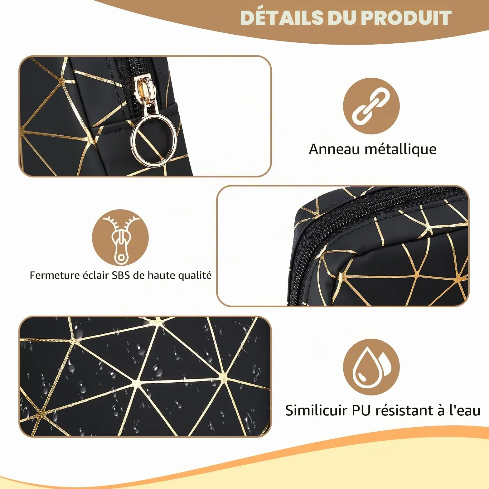 Pochette Maquillage Femme Cuir Synthétique Sac Voyage Rangement Cosmétiques Mini Trousse Toilette Noir