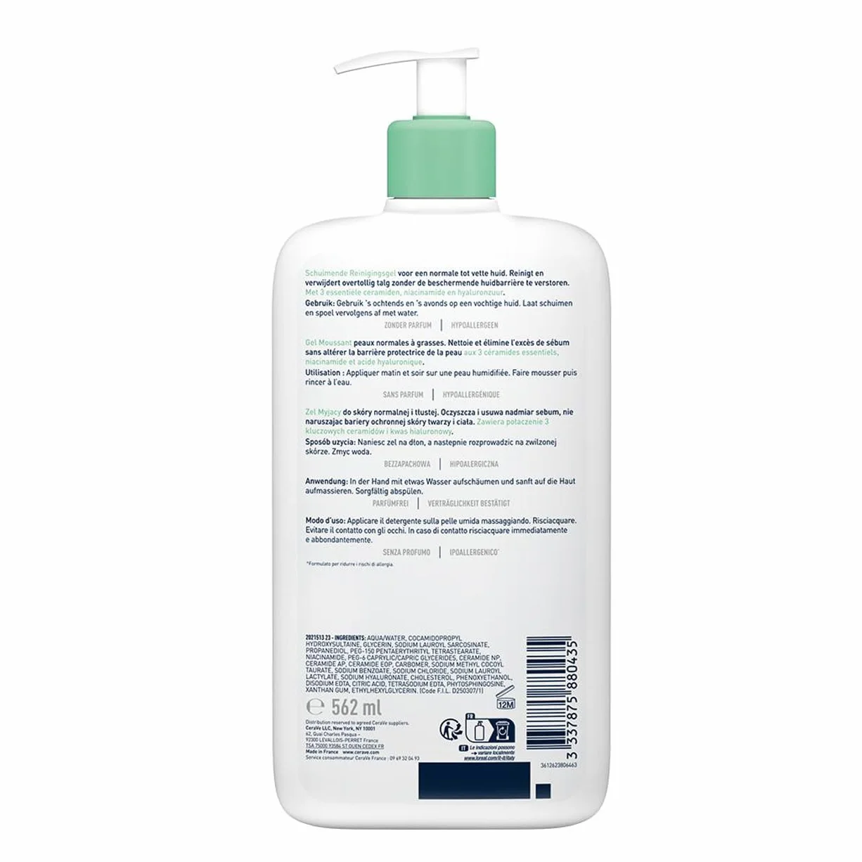 CeraVe Gel Moussant Nettoyant 562 ml Acide Hyaluronique Céramides Niacinamide Peau Normales à Grasses