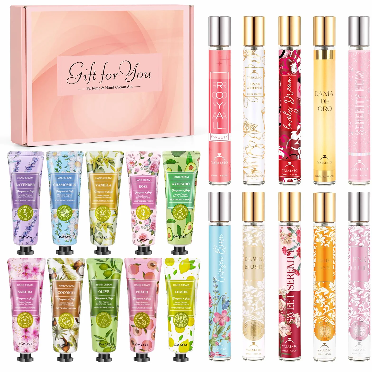 Coffret cadeau de parfum pour femme : 10x35ml mini parfums + 10 mini crèmes pour les mains, Eau de parfum pour femme aux notes florales et fruitées. Idéal comme cadeau pour un la Saint Valentin, Noël