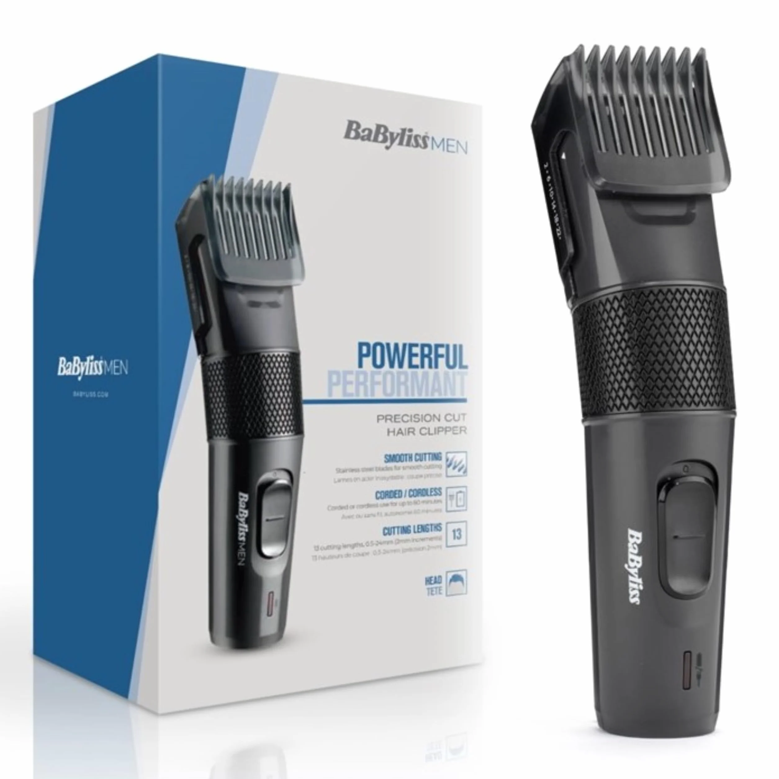 Tondeuse Cheveux de Précision Sans Fil BaByliss,13 hauteurs de coupe de 0,5 à 24 mm, 60 min d'autonomie, Lames en Acier Inoxydable, Noir, E786E
