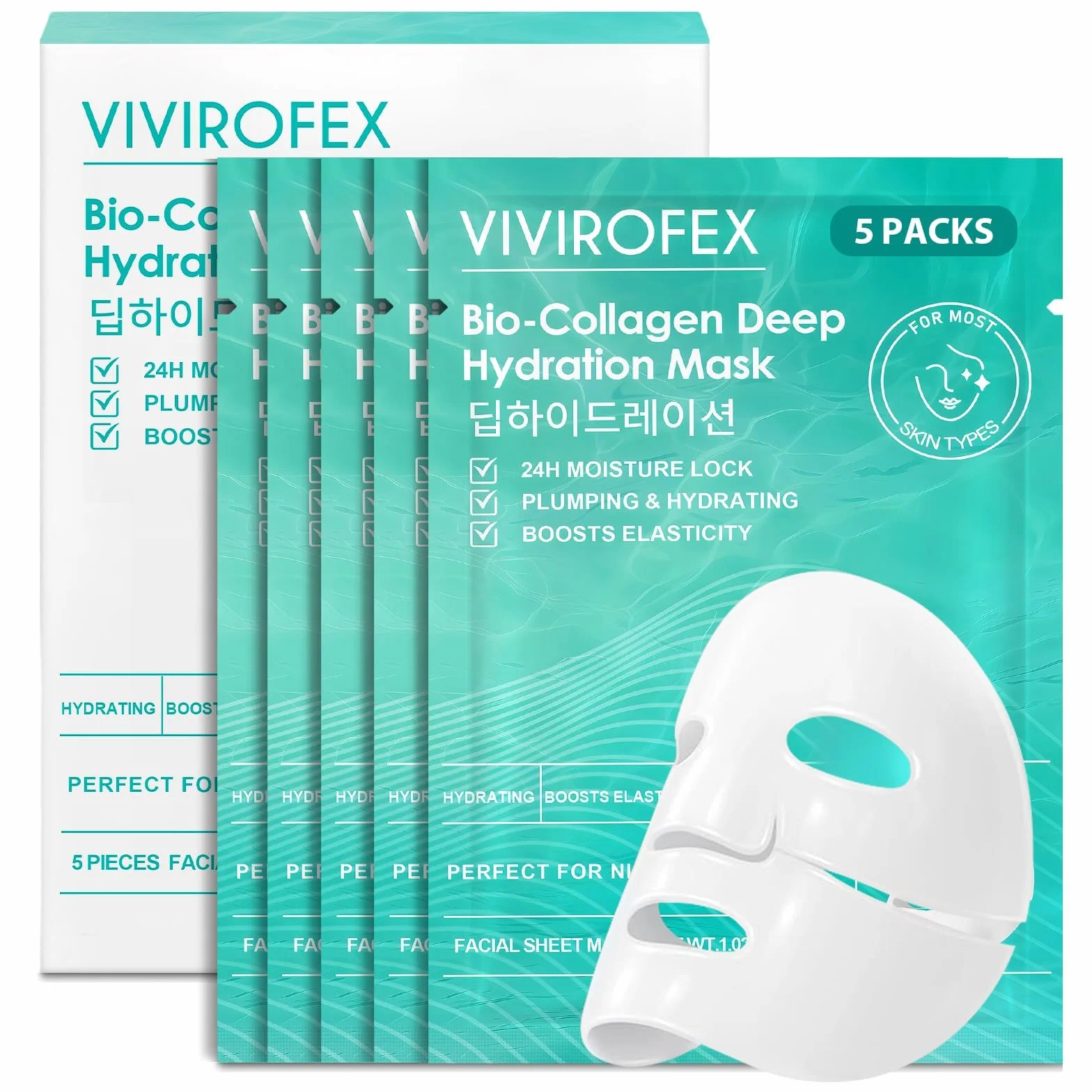 Masques Collagène Visage Hydrogel Hydratation Pack de 5