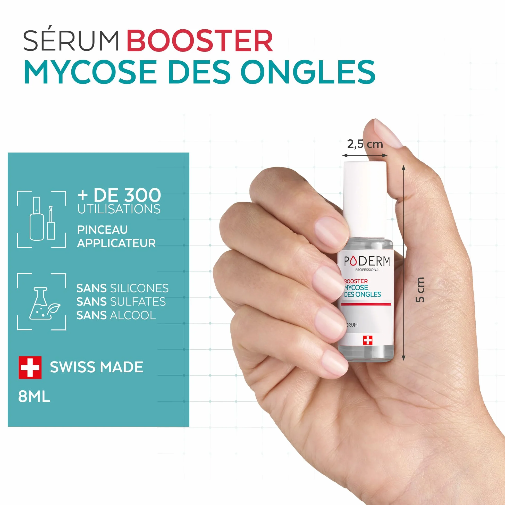 PODERM Mycose Ongles Booster + Vernis à Ongles Rouge Rose | Accélère la guérison des mycoses | Renforce, Répare et camoufle les ongles jaunes et abîmés | Créé par un podologue – Swiss Made