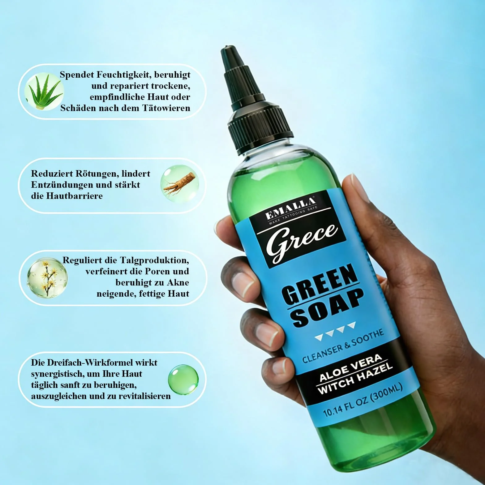 EMALLA 300 ml Tattoo Green Soap Ultra concentré avec flacon de lavage 250 ml - Nettoyant doux pour tatouage