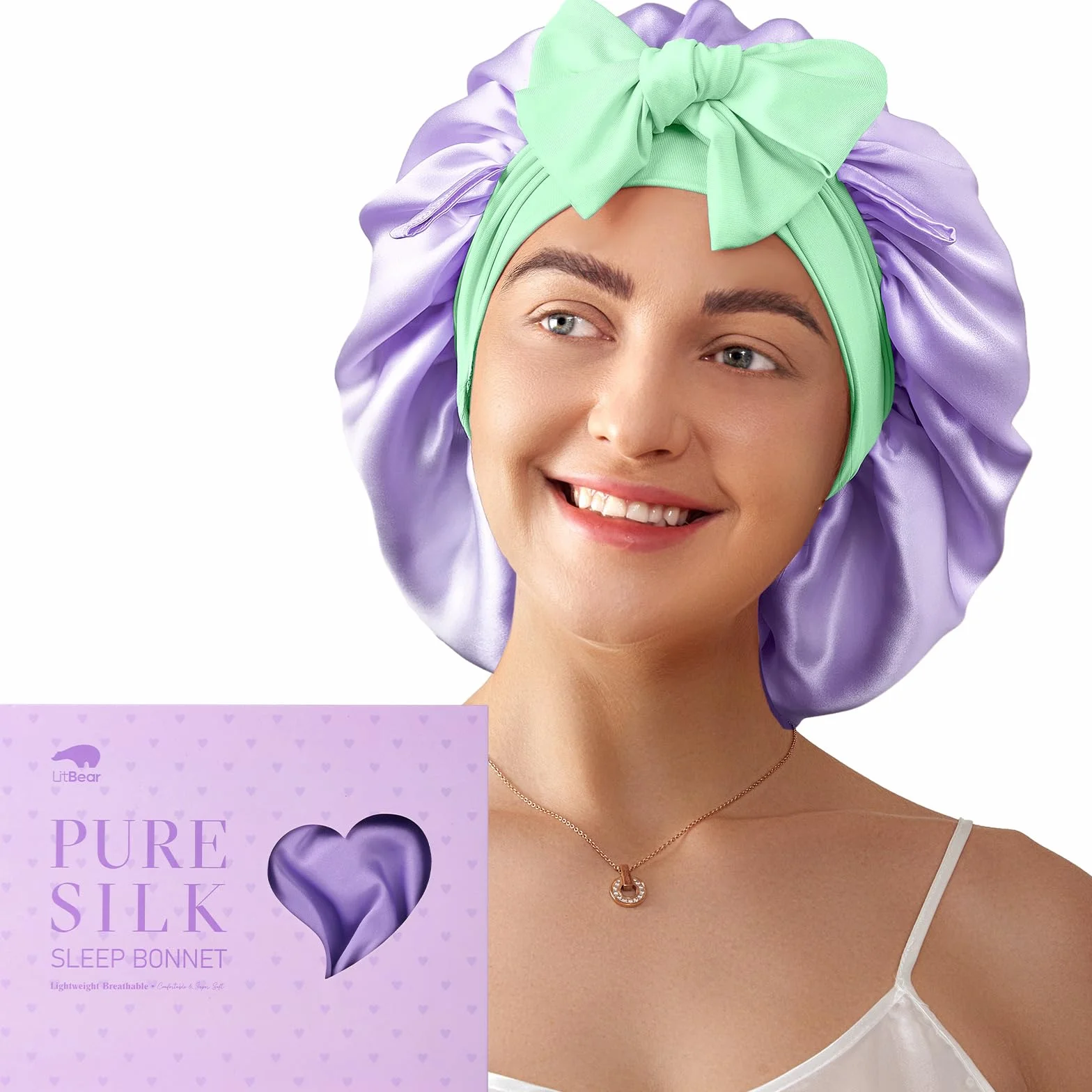 LitBear Bonnet de Nuit 100% Soie Mûrier pour Femmes, 6A 22 Momme, Grand Cache-Cheveux en Soie à Double Couche avec Bande à Nouer, Turban en Soie Antidérapant
