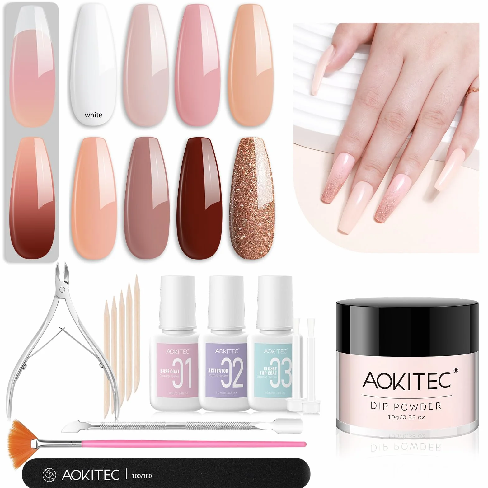 Aokitec Kit de poudre à ongles 8+1 couleurs poudre construction base activateur finition nail art français