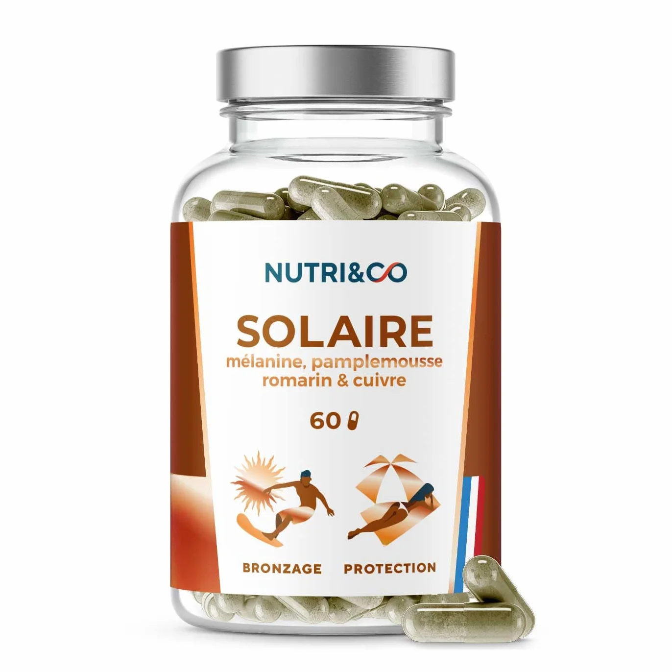 NUTRI & CO Le Solaire Formule 2en1 Préparateur Accélérateur de Bronzage Complément Alimentaire Solaire 60 gélules Fabriqué en France
