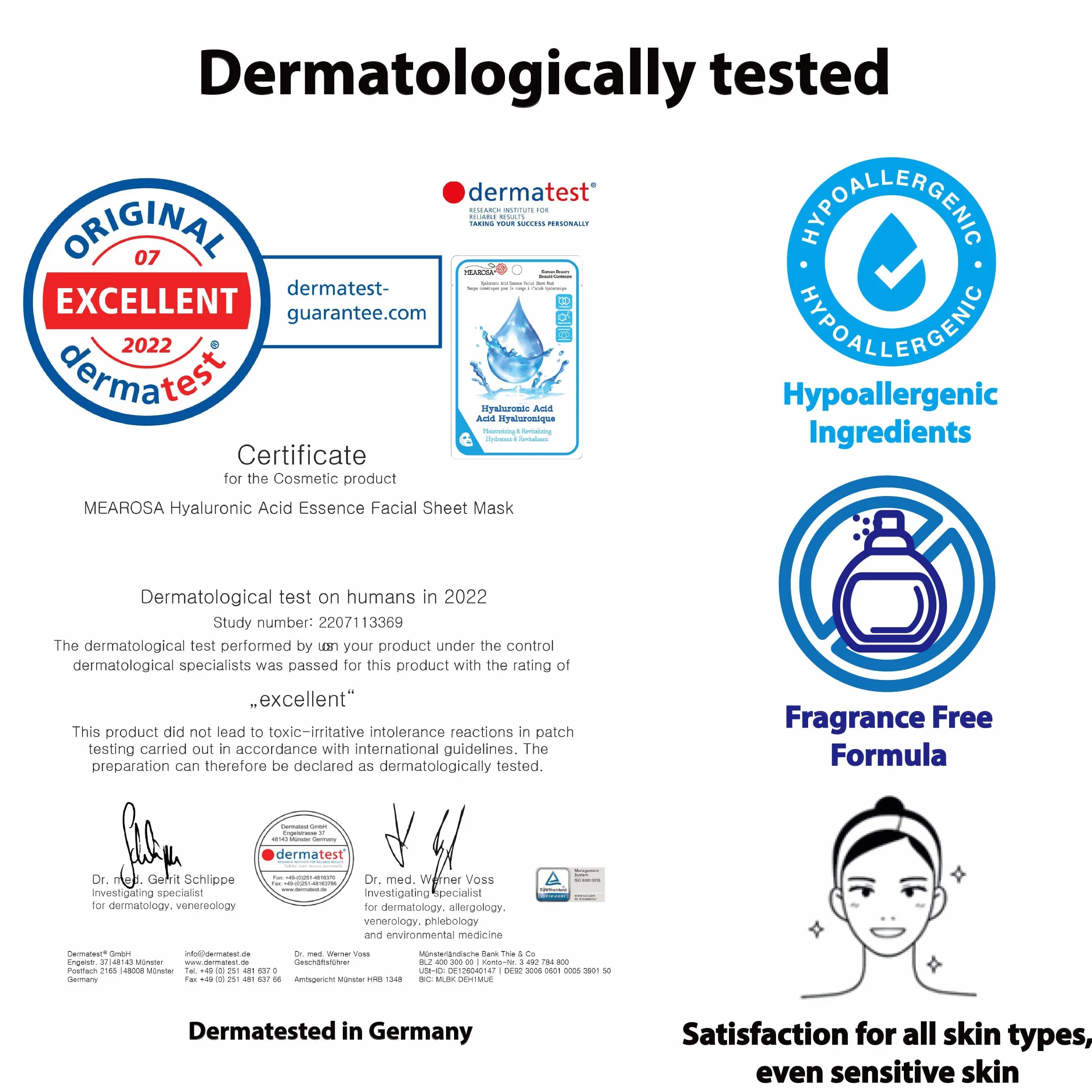 Masques pour Visage à l'Acide Hyaluronique, Niacinamide, Vitamine E 8,5% Hydratant Peau Sensible