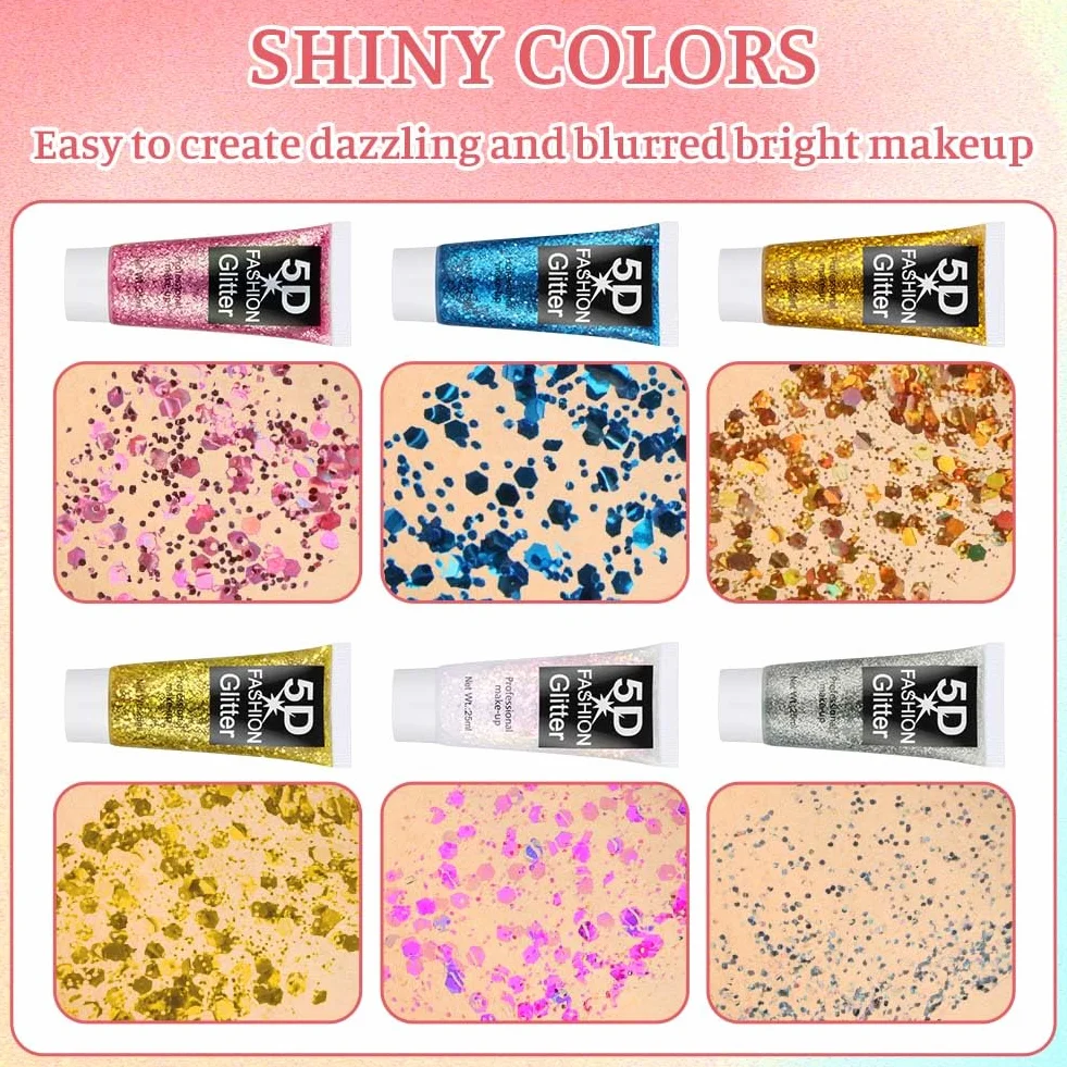 Gel Paillettes Visage 6PCS 25g Paillette Cheveux Corps Liquide Cosmétique Lèvres Ongles Festival Fête Maquillage Décoration
