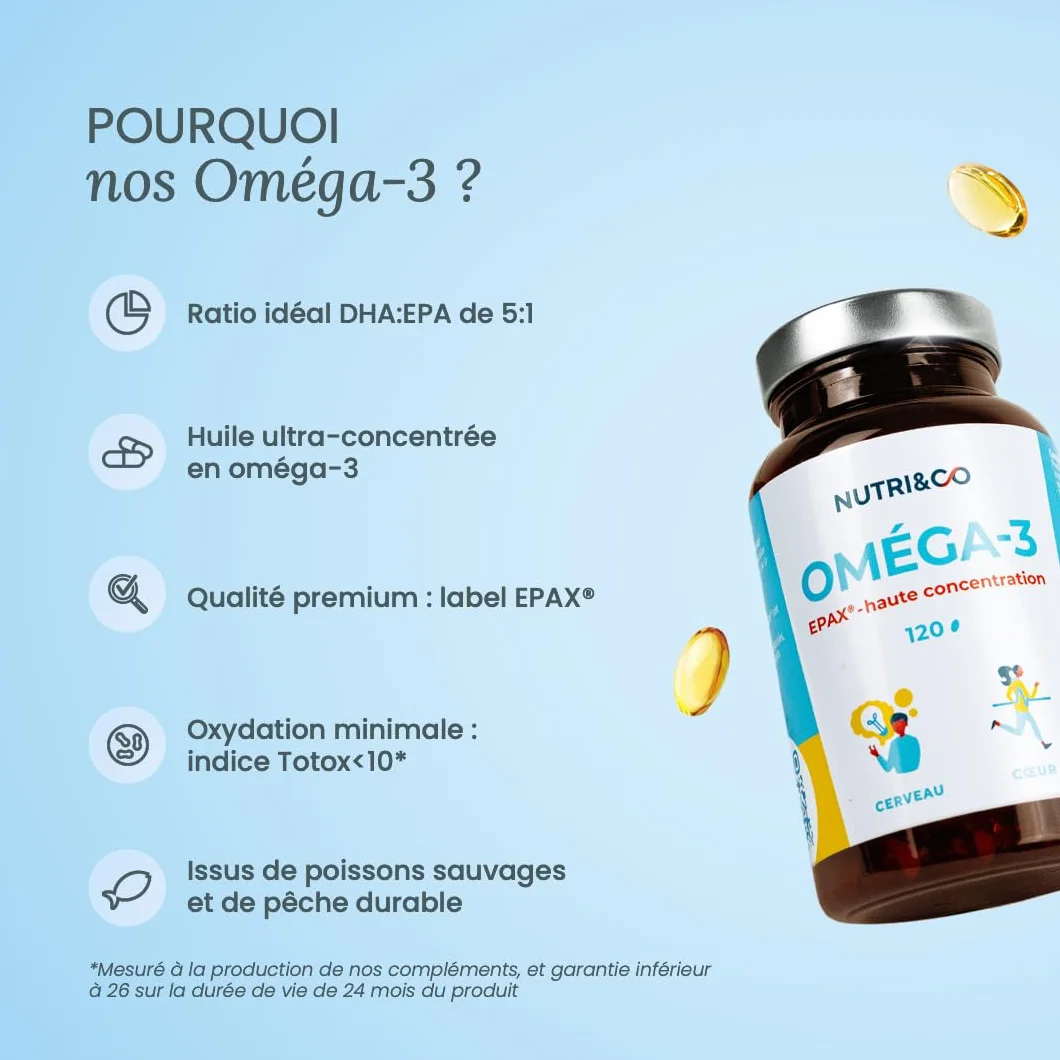 NUTRI & CO Omega 3 Huile de Poissons Sauvages EPAX® EPA DHA Vitamine E 120 capsules