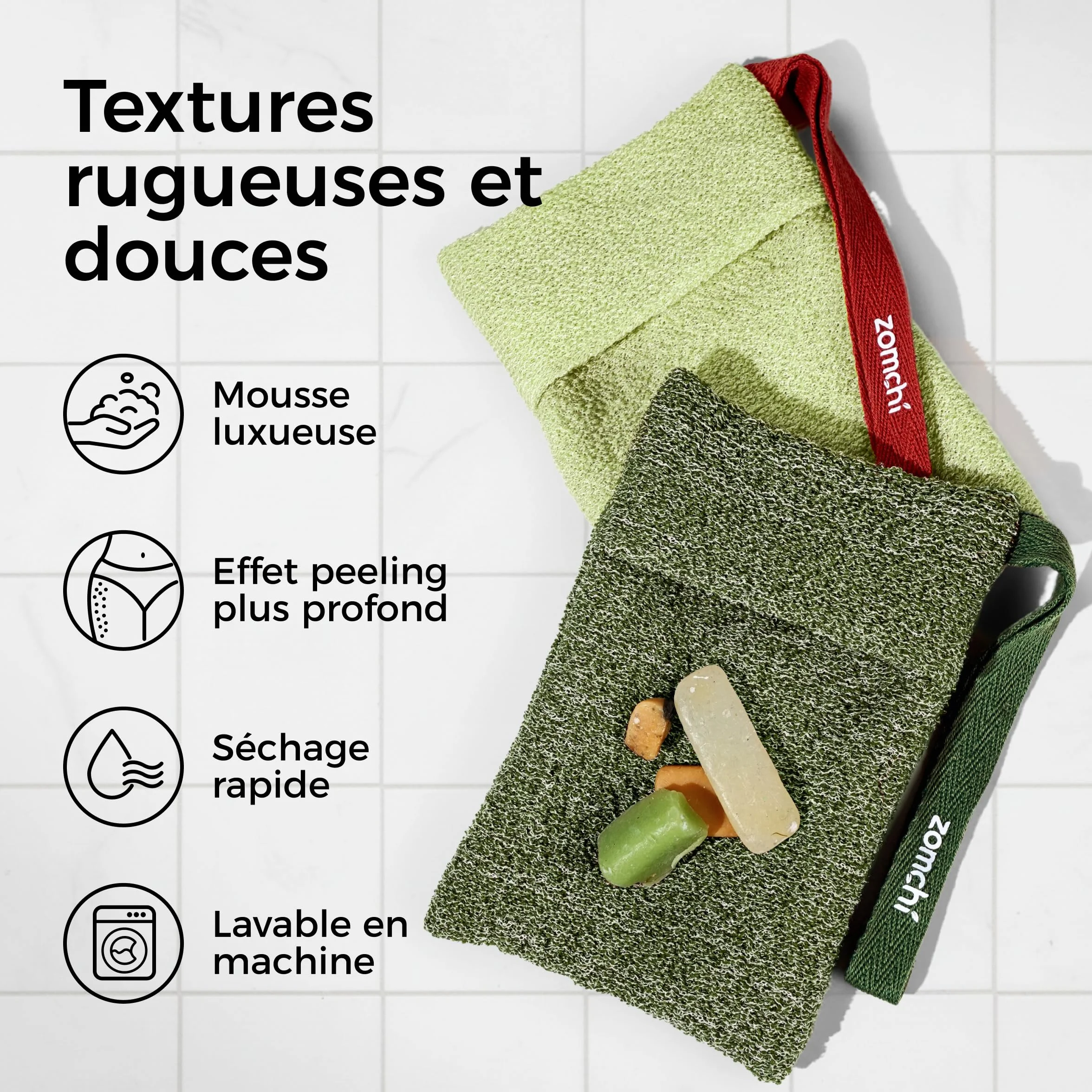 ZOMCHI Pochettes Pour Savon Exfoliant, Lot De 2 Sachets Avec Mailles à Gros Et à Mailles Fines, Vert Olive