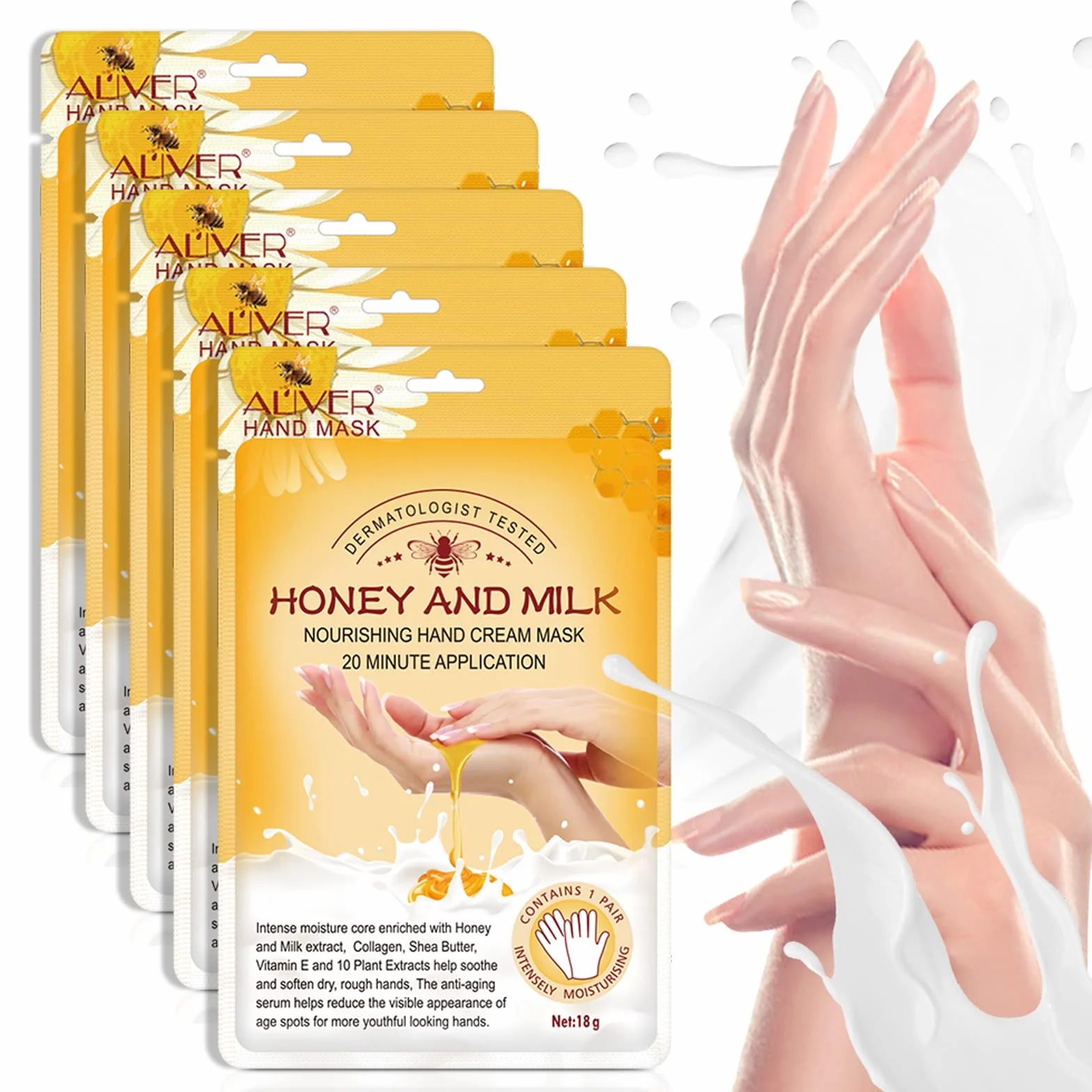 Masque pour Mains Lait au miel Gants Hydratants Peaux Sèches Nourrissante Anti-âge Blanchissant 5 Paires