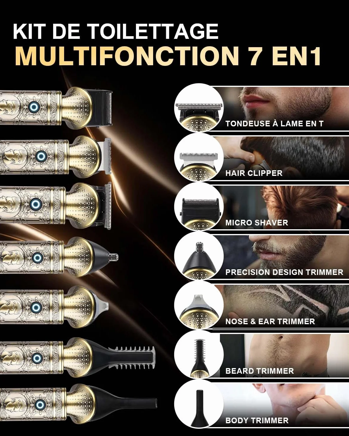 Tondeuse Barbe Homme Professionnelle 7 en 1, Tondeuse Cheveux Sans Fil Étanche avec Lame en T, Écran LED, USB-C Charge Rapide, Kit Tondeuse Corps & Visage, Idée Cadeau Rasoir Homme