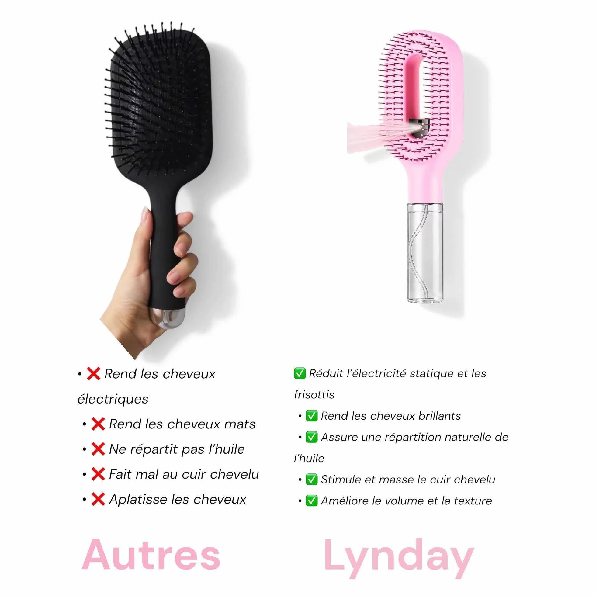 Brosse à Cheveux Démêlante Magique avec Spray Intégré, Anti-Statique pour Cheveux Fins et Fragiles, 2-en-1 Vaporisateur Hydratant, Rose