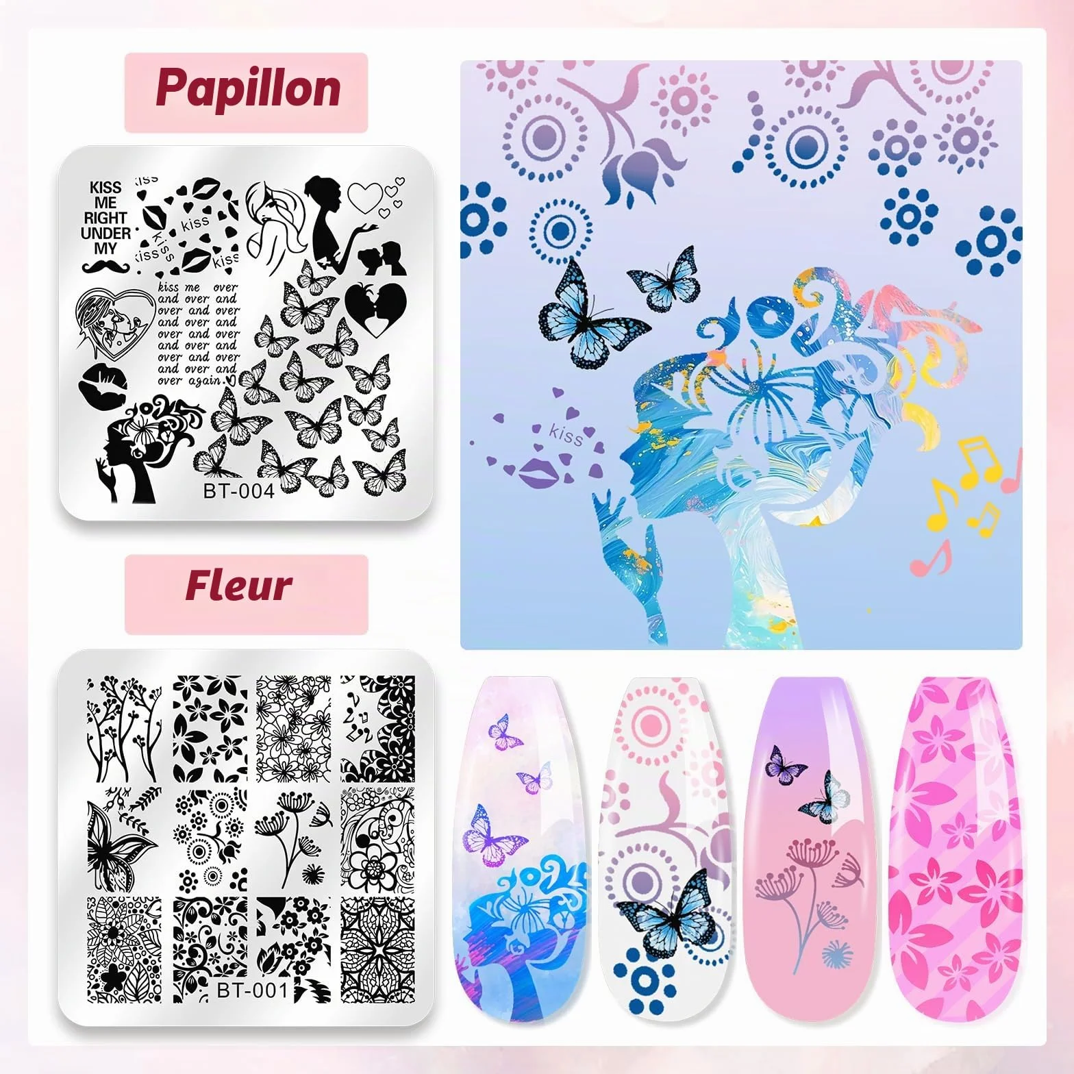 Biutee Set de Stamping Nail Art Kit d'estampage d'ongles 15 pièces modèles d'art d'ongle avec motifs d'animaux, de feuilles et de fleurs 1 Tampon 2 Grattoir 1 Paquet de Cartes