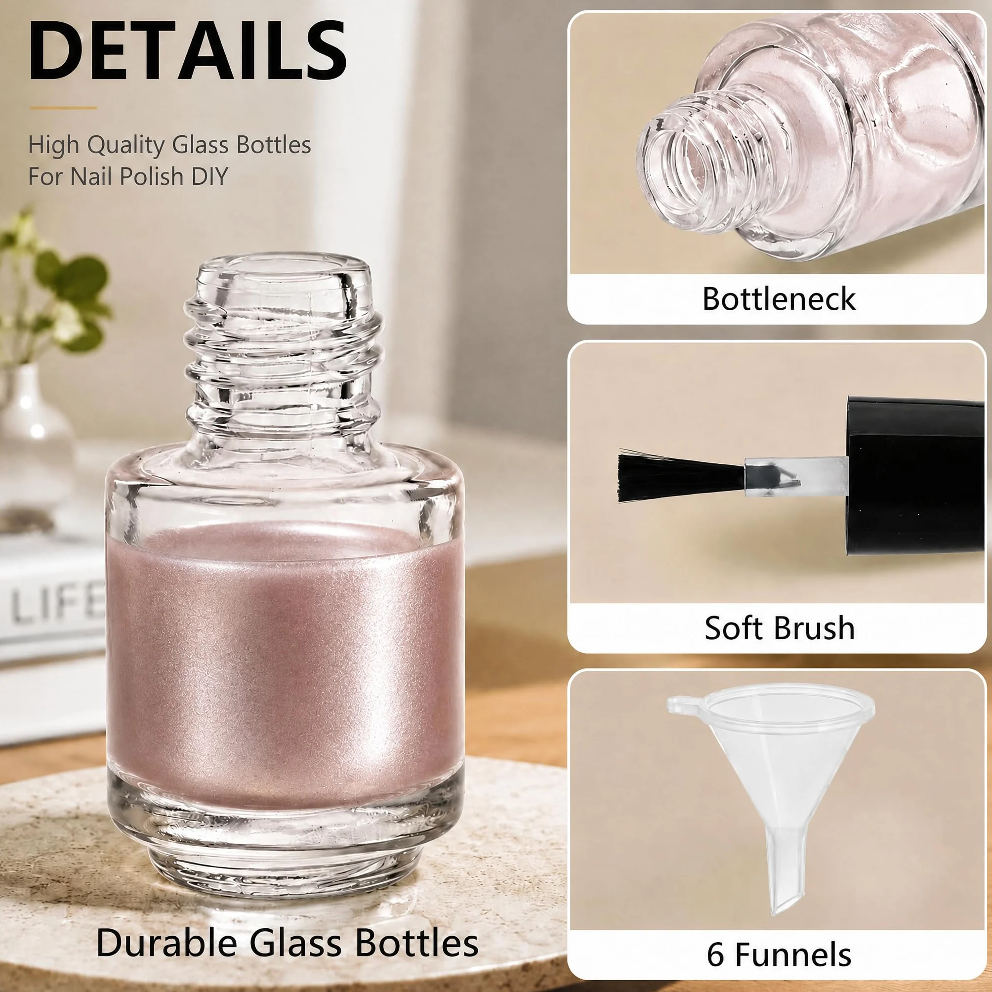 ZENFUN Lot de 50 flacons de vernis à ongles vides de 5 ml avec bouchon pinceau, récipients transparents pour vernis à ongles avec 6 entonnoirs en vrac, flacons rechargeables en verre pour nail art