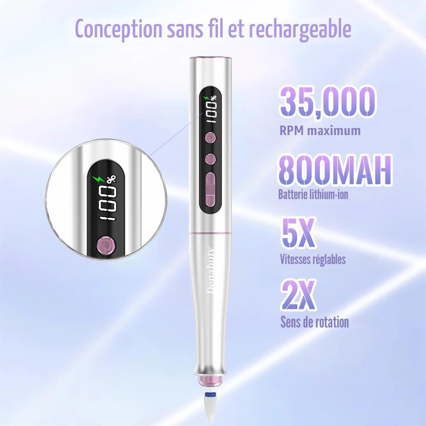 Ponceuse pour Ongles Professionnelle 35000 tr/min 12 en 1 Lime Electrique Sans Fil LED écran Numérique Kit Manucure Pédicure Rechargeable Vitesse Réglable